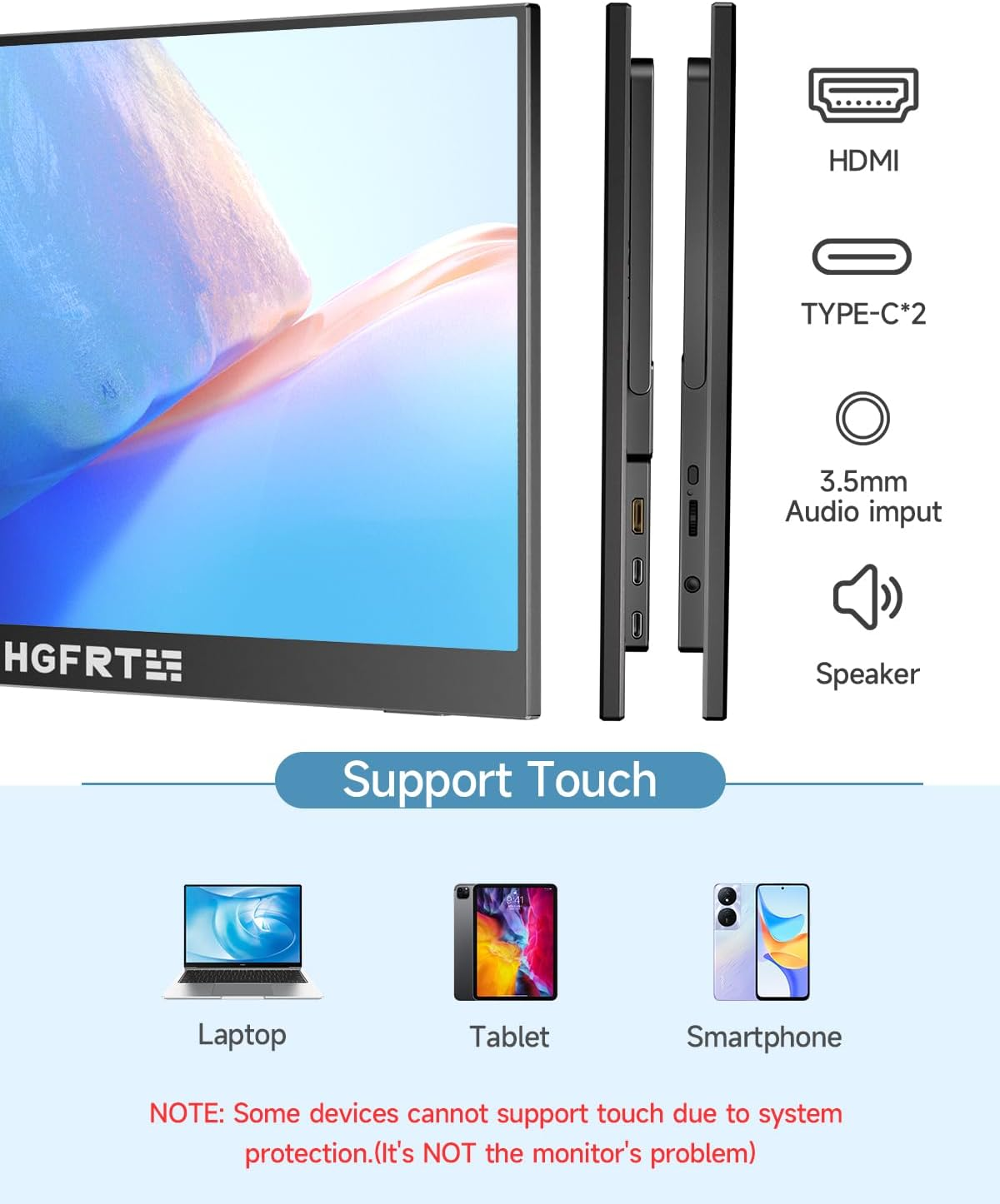 15.6 Inch Portable Monitor Touchscreen, 1920X1080P IPS HDR Touch Screen Travel Monitor with Kickstand & Speaker,Vesa HDMI USB C External Monitors for Laptop Computer PC Mac Phone Gaming image number 3