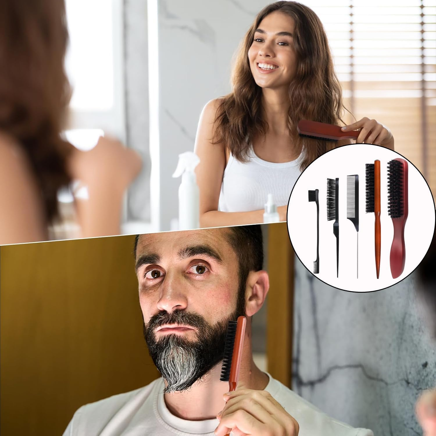 Boar Bristle Slick Back Hair Brush Teasing Comb, 5Pcs anti Static Quiff Roller Hair Brushes,Slick Back Hair Brushes Boar Bristle Hair Brush with Plastic Comb and Eyebrow Brush image number 2