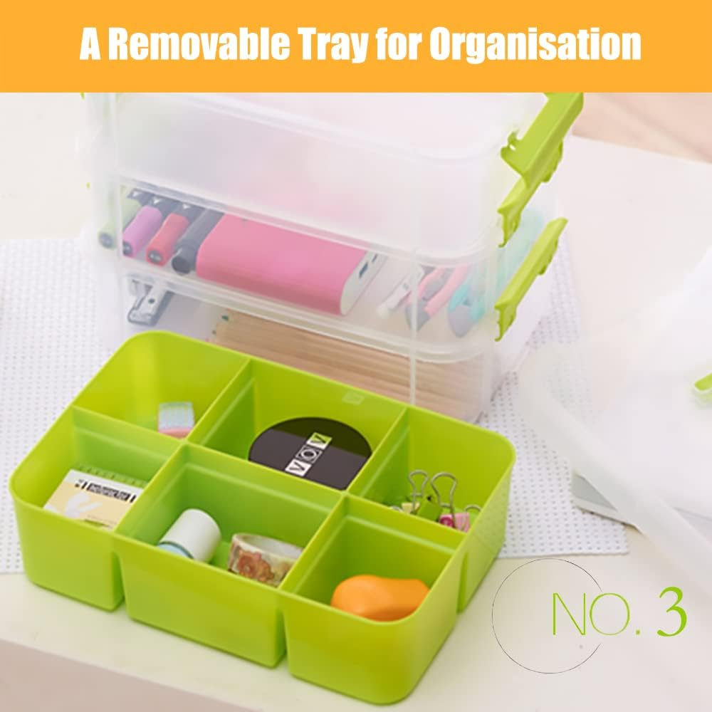 FOREVERIE Stackable Clear 3 Tier Arts & Crafts Plastic Storage Containers Large with a Six-Grid Tray, Portable Layered Embroidery & Sewing Box Organiser, Plastic Storage Box (Clear & Blue) image number 4