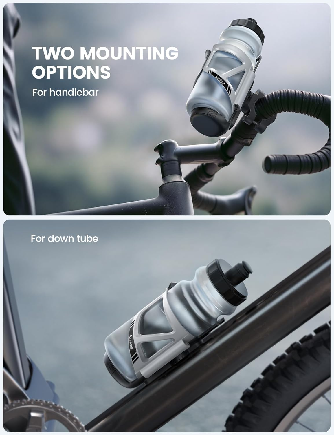 Lamicall Bike Water Bottle Holder - [Tracker Storage] [For Handlebar & Frame] Bike Cup Holder, Bicycle Drink Cage, Cycling Bike Water Bottle Cage with Screws Tool, for 2.28-3.39" Diameter Bottles image number 1