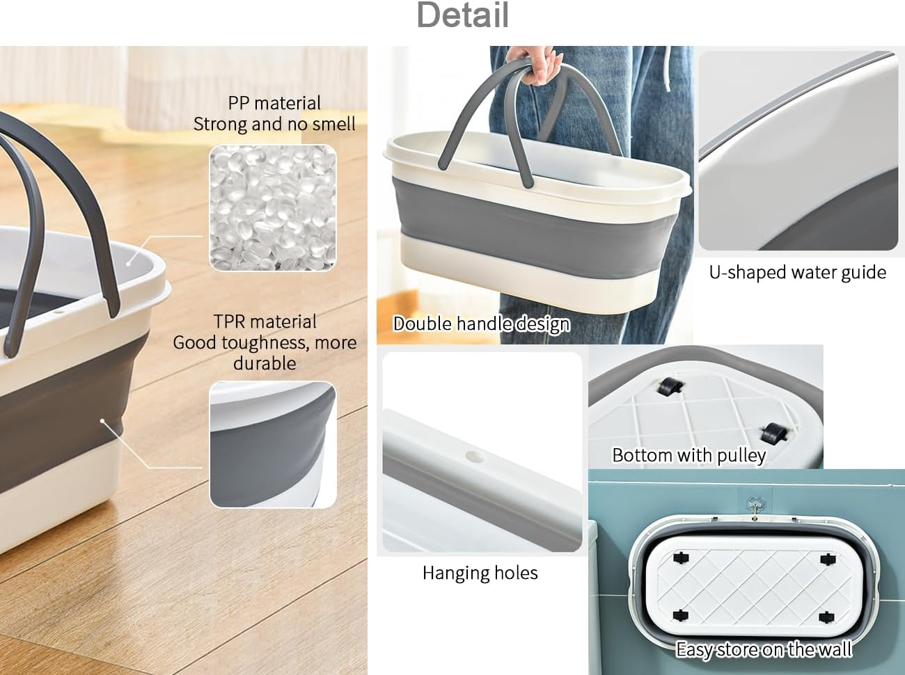 Collapsible Plastic Mop Bucket with Wheels 14L, Portable and Space Saving, Multi-Function House Cleaning, Camping, and Mop Tub, Rectangular Large Capacity (Gery)