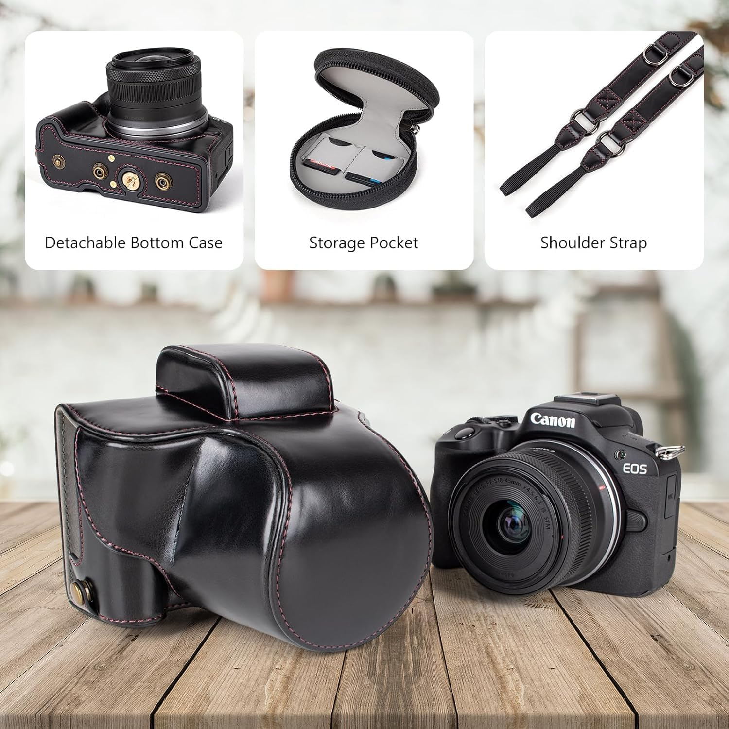 EOS R50 Case, Retro PU Leather Protective Case for  EOS R50 DSLR Camera - EOS R50 Camera Case Bag Cover with Bottom Opening & Shoulder Strap & Storage Pocket (Black) image number 3