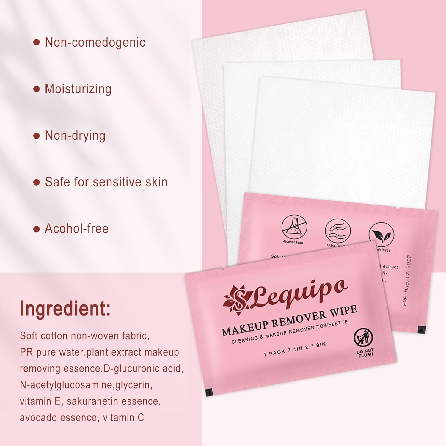 50 Pcs Individually Wrapped Makeup Remover Wipes Bulk Single Makeup Remover Cloth Travel Towelette Makeup Remover Cloth for Face (PINK) image number 5