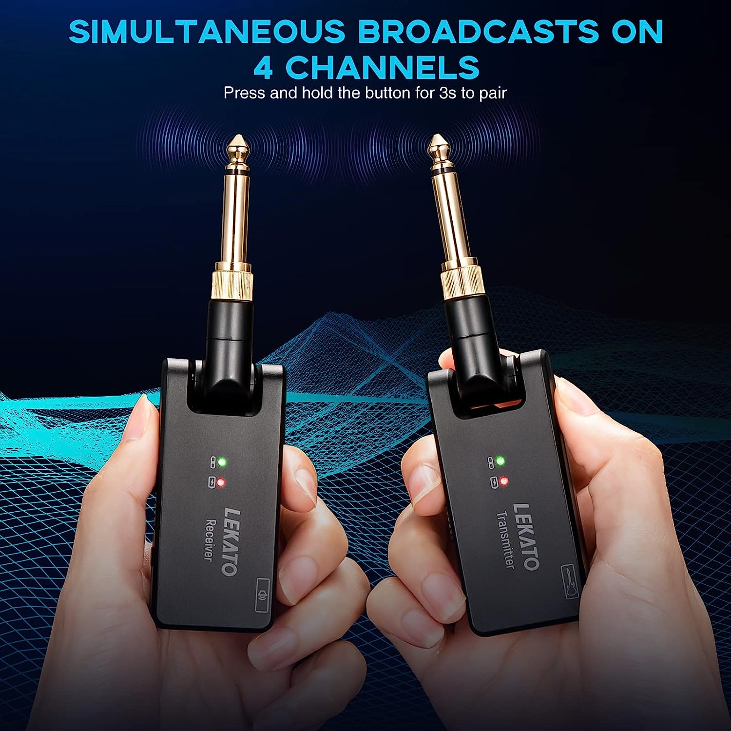 LEKATO Wireless Guitar System with Charging Case, Rechargeable 2.4Ghz Wireless Transmitter Receiver Guitar Wireless System 4 Channels with Dual Plugs 3.5Mm/6.35Mm,(Ws-100) image number 4