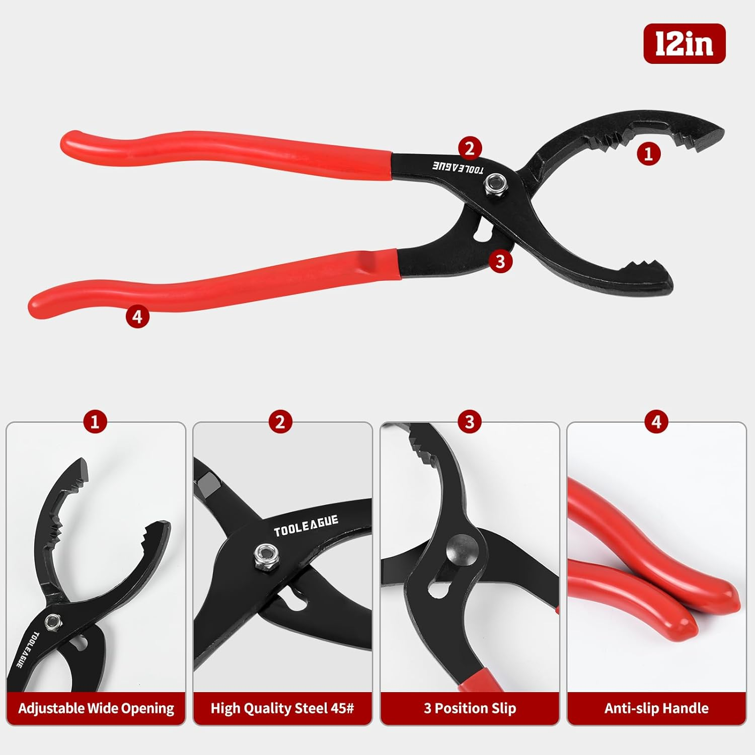 TOOLEAGUE 12" Adjustable Oil Filter Pliers, Oil Filter Wrench Removal Tool for Most Cars,Trucks,Engine Filters(1 Pc) image number 1