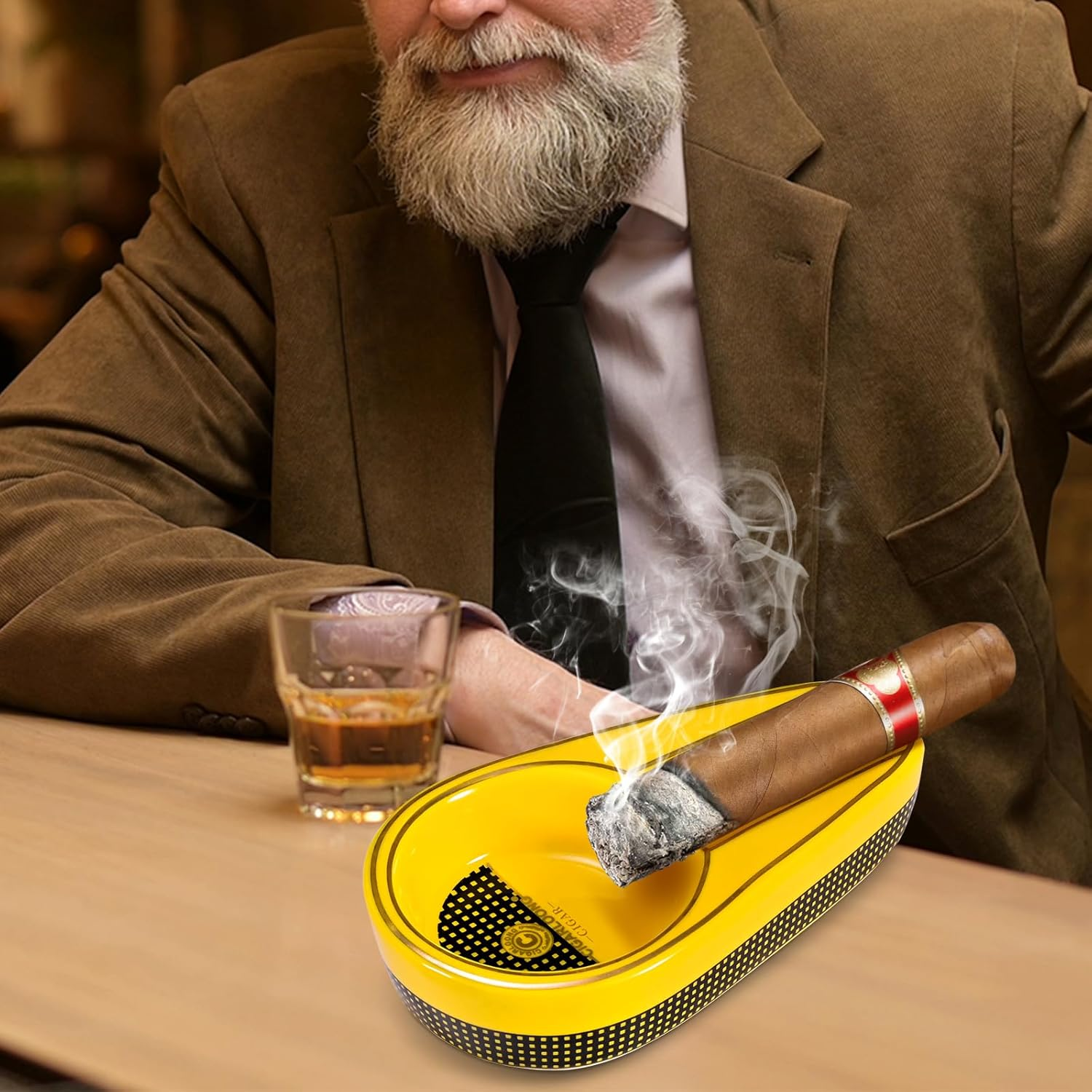 Cigar Ashtray for Outdoor, Ceramic Ashtray, Portable Cigar Ashtray for Home, Patio, Travel (Yellow) - Black image number 5