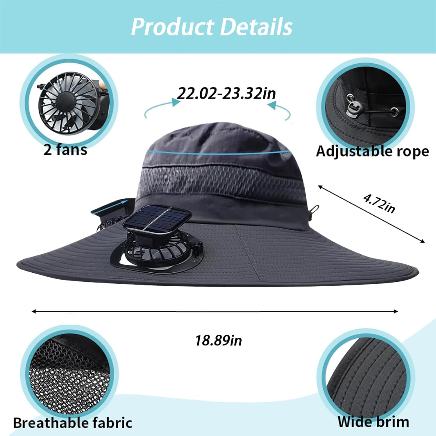 Outdoor Solar Fan Sun Hat &ndash; Wide Brim UPF 50+ Bucket Hat with 2 Cooling Fans for Men & Women, Breathable Fishing & Beach Hat for Hot Summer Days Army Green image number 6
