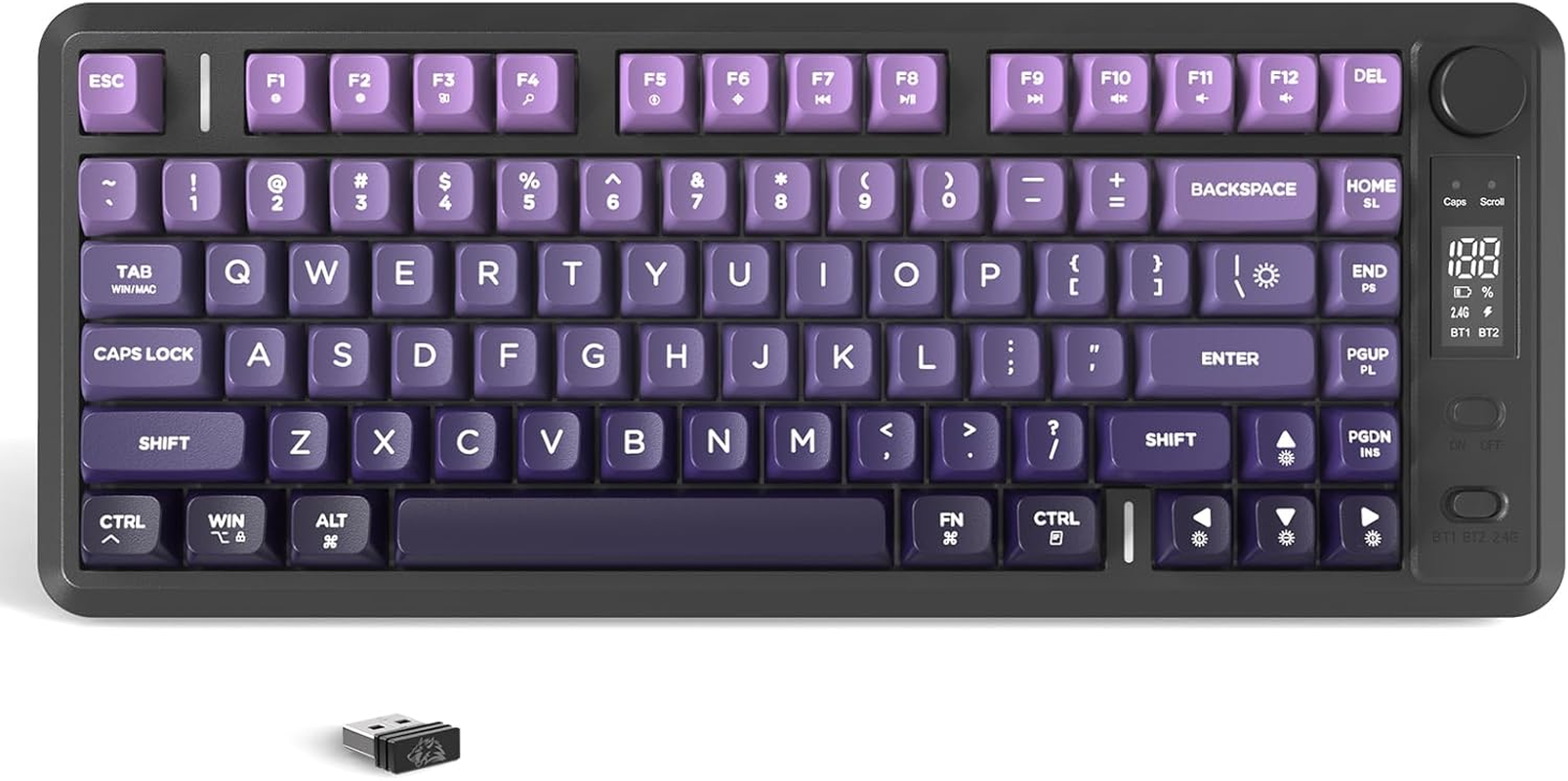 FREEWOLF X Attack Shark M75 Wireless Membrane Gaming Keyboard Mechanical Feel with Knob & OLED Display Bluetooth/2.4Ghz Rainbow Backlit Gradient PBT Keycaps 2000Mah Battery Anti-Ghosting-Purple