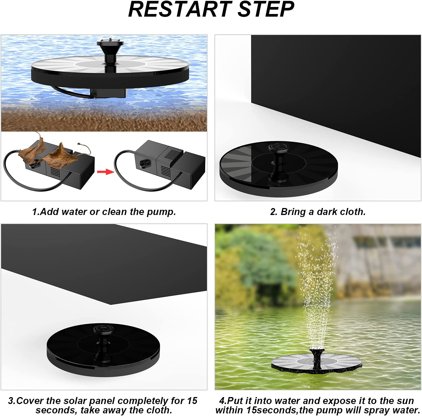 Solar Water Fountains,Solar Powered Bird Bath Fountain with 6 Nozzles - Free Standing Floating Solar Fountains for Bird Bath, Garden, Pond, Pool (Black-1W) image number 6