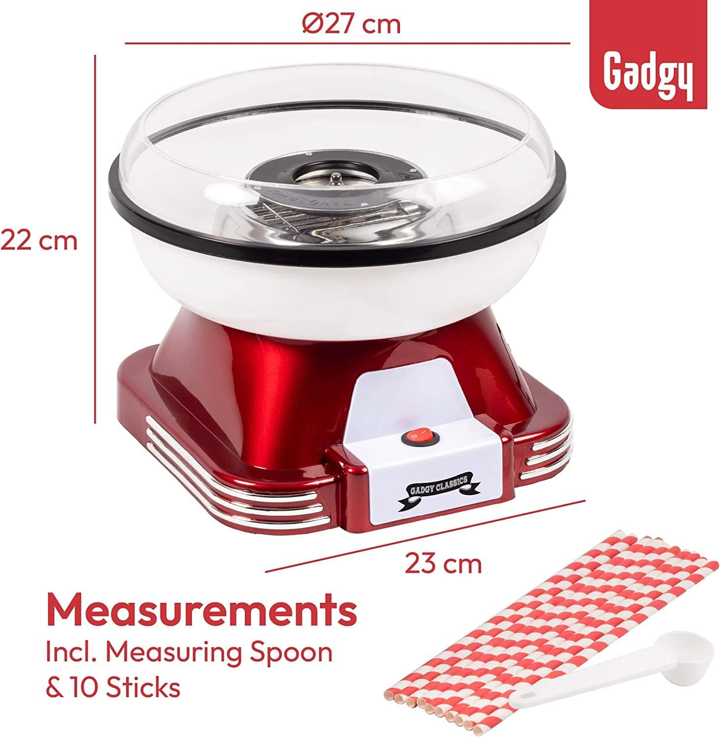 Gadgy Cotton Candy Machine - Retro Cotton Candy Machine - Cotton Candy Machine with Sticks and Measuring Spoon - Height 22 Cm Red White - 500 Watt Cotton Candy Machine for Home image number 5