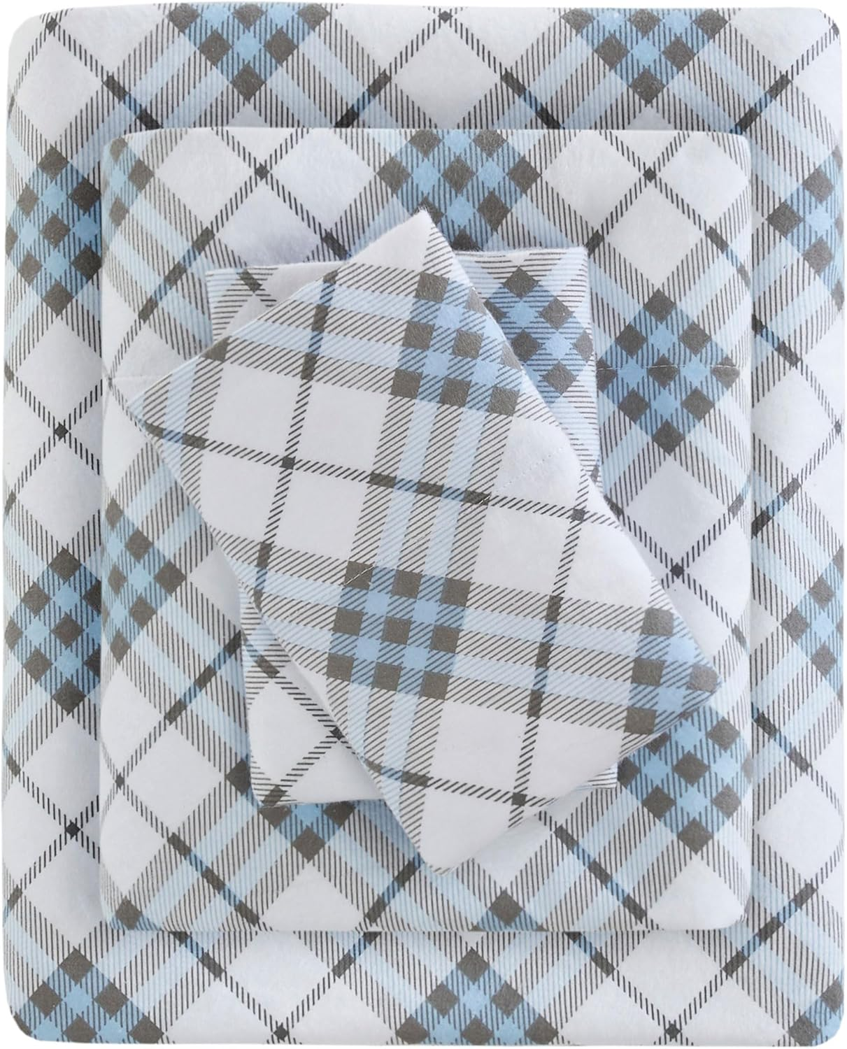 Sleep Philosophy True North Cozy Flannel Warm 100% Cotton Sheet - Novelty Print Animals Stars Cute Ultra Soft Cold Weather Bedding Set, King, Blue Plaid 4 Piece