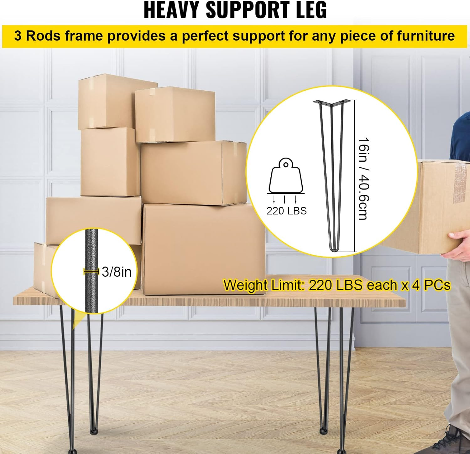 VEVOR Hairpin Table Legs 16" Black Set of 4 Desk Legs 880Lbs Total Load Capacity Hairpin Desk Legs 3 Rods for Bench Desk Dining End Table Chairs Carbon Steel DIY Heavy Duty Furniture Legs image number 3