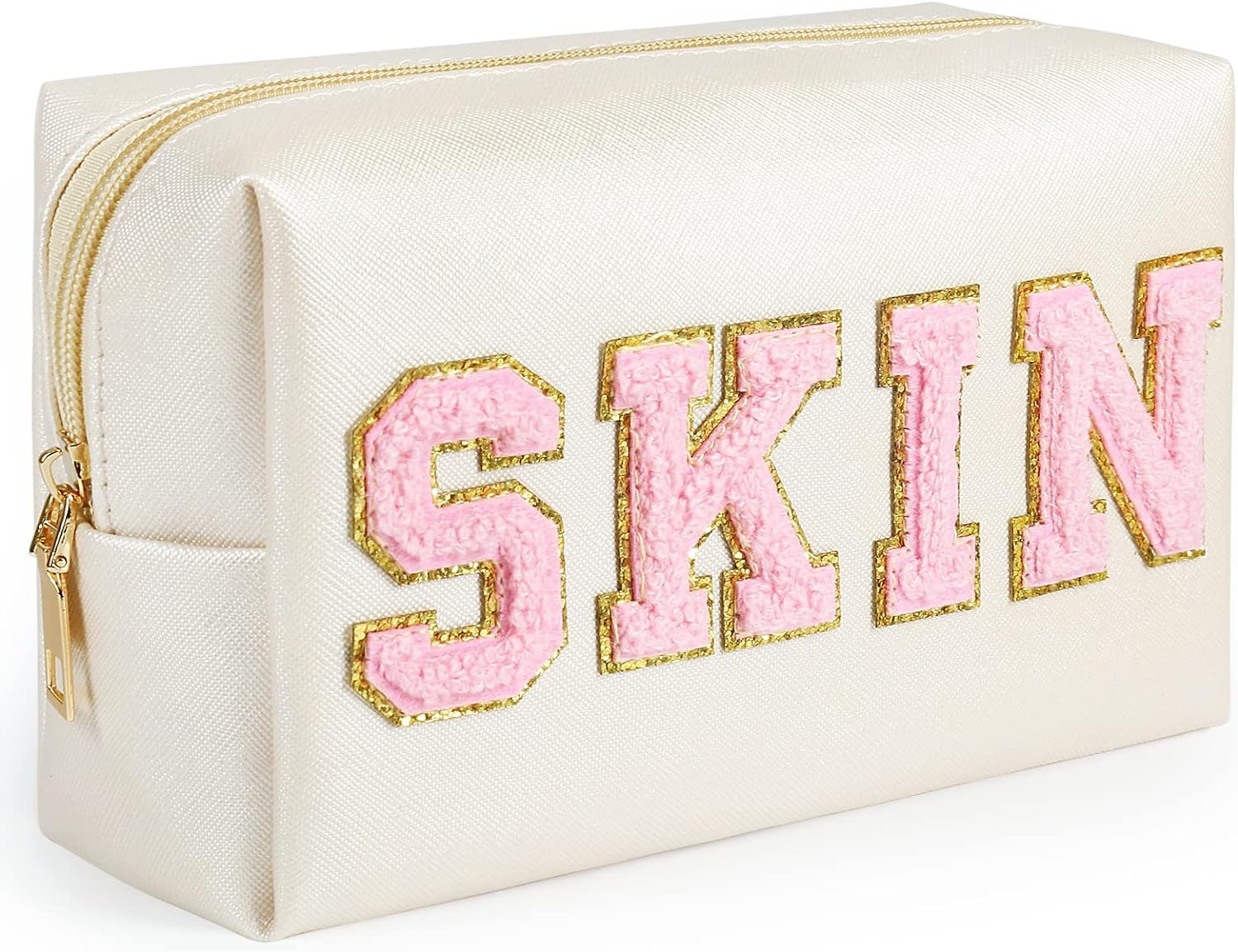 Makeup Bag, Synthetic Leather Patch Cosmetic Bag with Skin Chenille Letter for Travel, Girlfriend or Wife, Present for Girls, Daughter, Sister and Mother image number 3