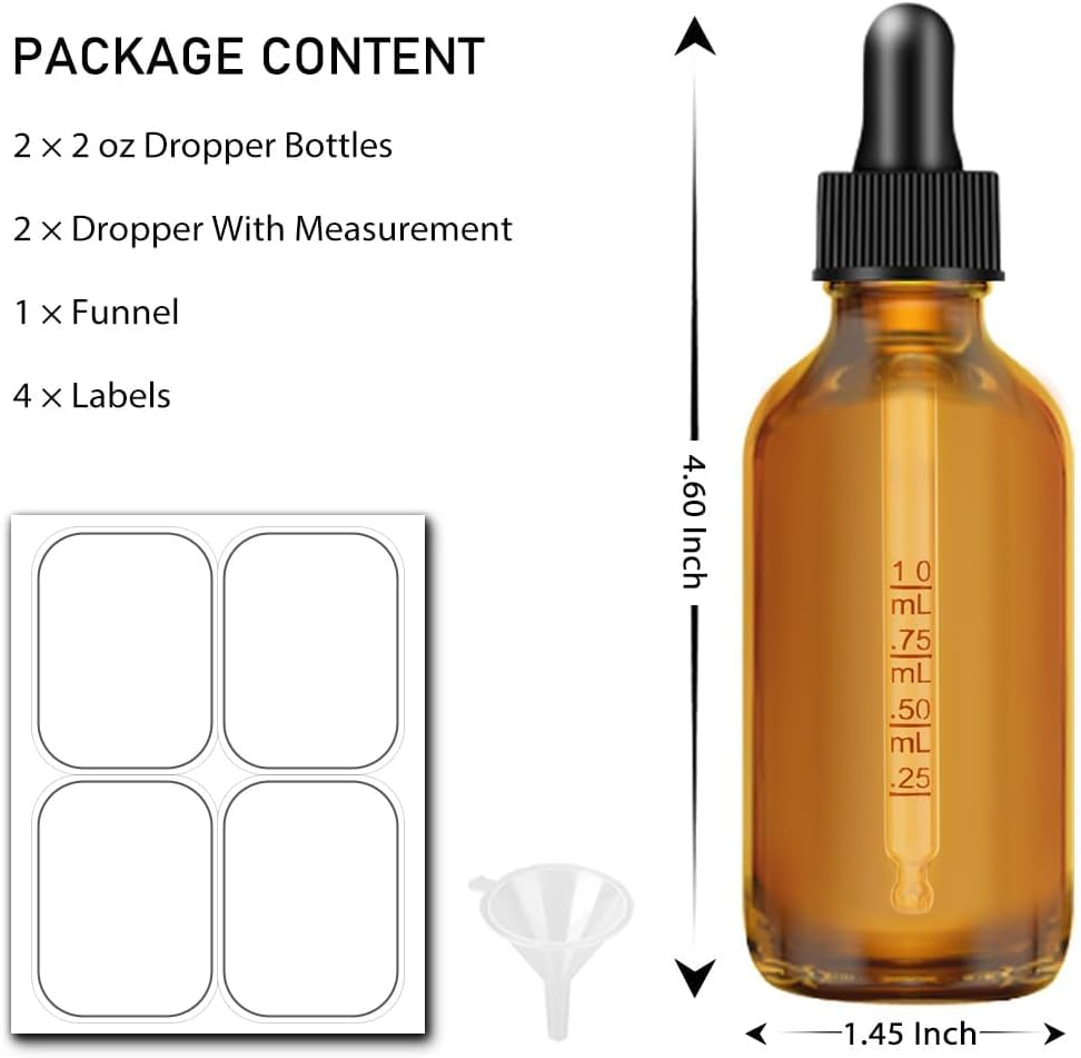 D&D EVA Dropper Bottle 2 Oz, 2 Pack Glass Eye Dropper Bottles with Labels and Funnel, Tincture Bottle with Measured Dropper Leakproof Essential Oils Bottles for Health, Personal Care & Beauty (Amber)