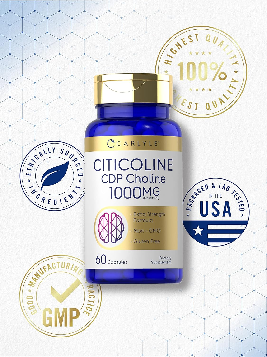 Carlyle Citicoline CDP Choline 500Mg | 60 Capsules | Highest Potency per Capsule | Non-Gmo, Gluten Free Supplement | By