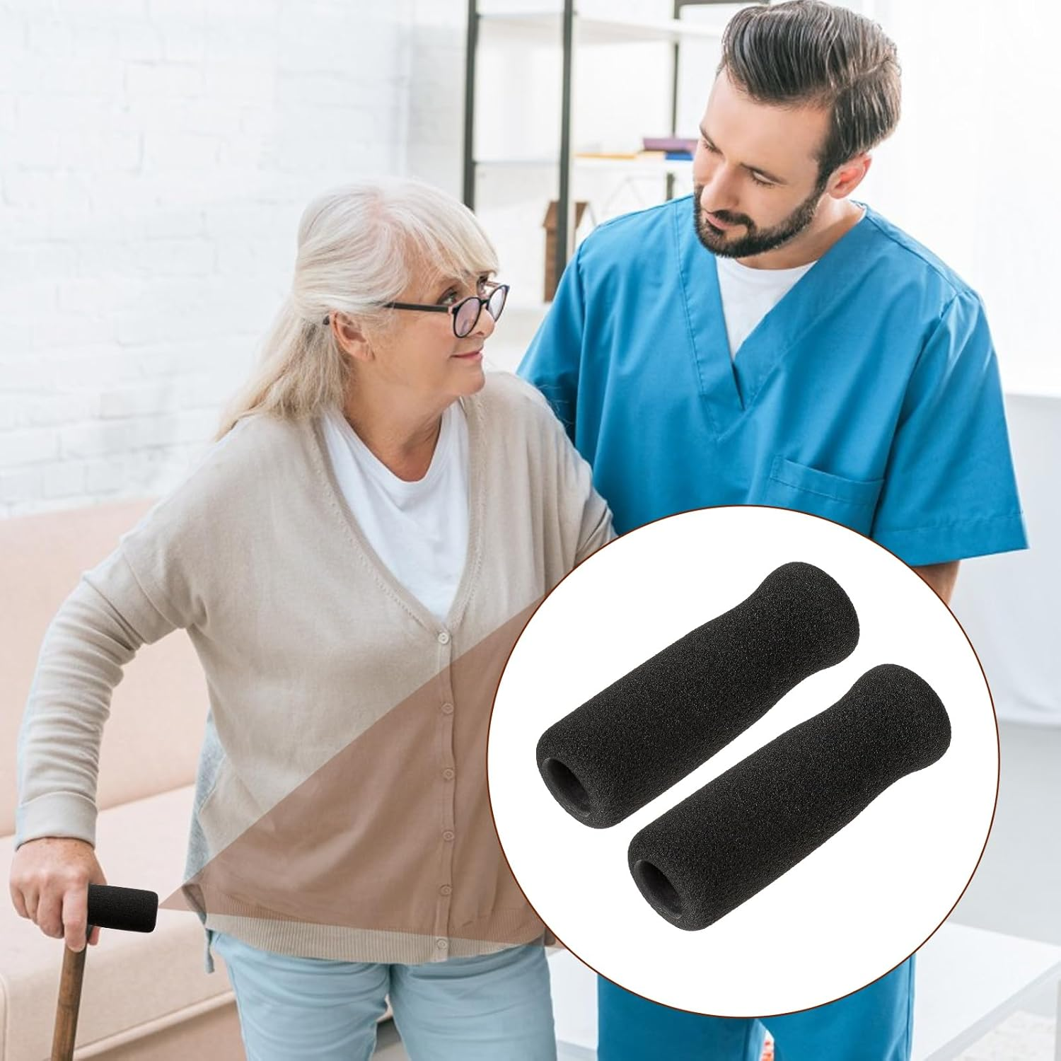Cane Handle Grip Replacement, 2 PCS Walking Canes Grips for Seniors Cane Handle Grip Stick Replacement Offset Cane Handle Grips Crutch Hand Grips Black Foam Cane Grip Replacement for Cane Accessories image number 1