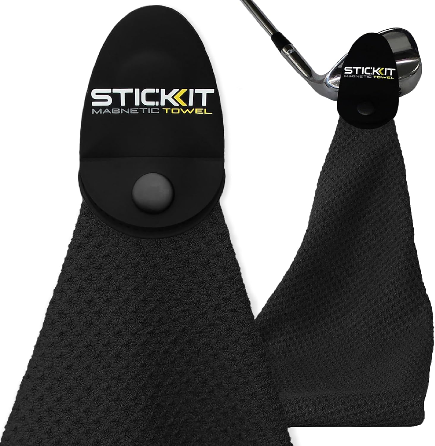 STICKIT Magnetic Golf Towel, Black | Top-Tier Microfiber Golf Towel with Deep Waffle Pockets | Industrial Strength Magnet for Strong Hold to Golf Carts or Clubs