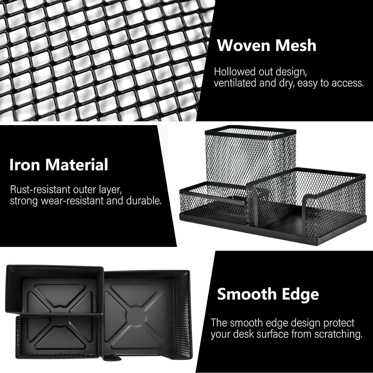 ASTIMESA 2 Pcs Mesh Pencil Holder for Desk with 3 Compartments, Office Desktop Organizer Pencil Cup Caddy for Stationery Marker Storage School Home Supplies（Black）