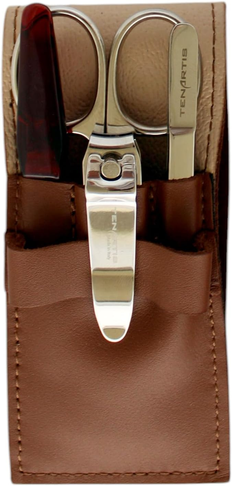 4-Piece Manicure Case with Nail Clippers Made of Genuine Leather Tenartis Made in Italy (Brown) image number 2