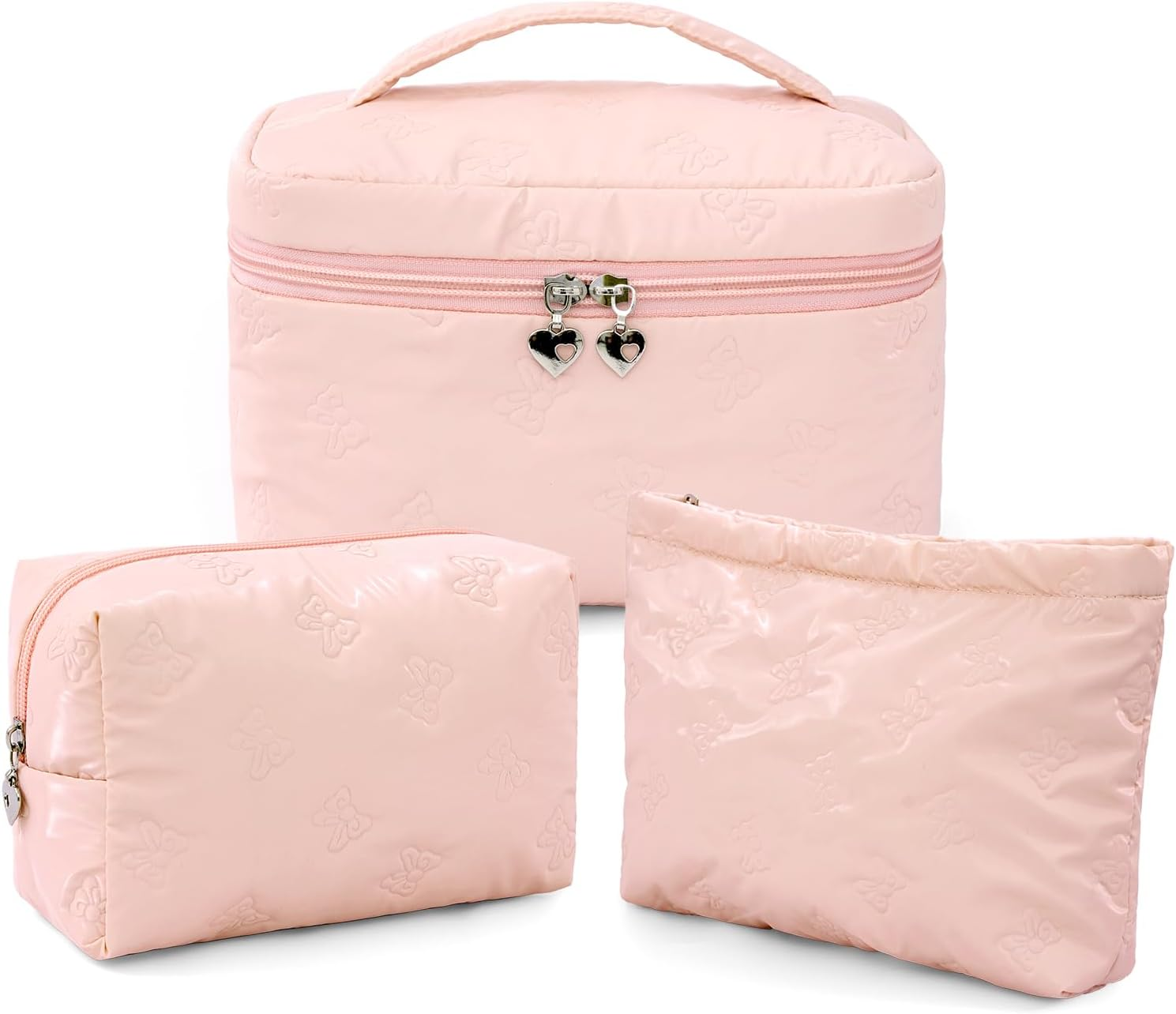 Makeup Bag，3 PCS Cosmetic Bags Set，Large Capacity Quilted Makeup Bag for Women with Bow Butterfly Pattern，Cute Cotton Makeup Bag Set，Waterproof Travel Toiletry Organizer Bag (Black)