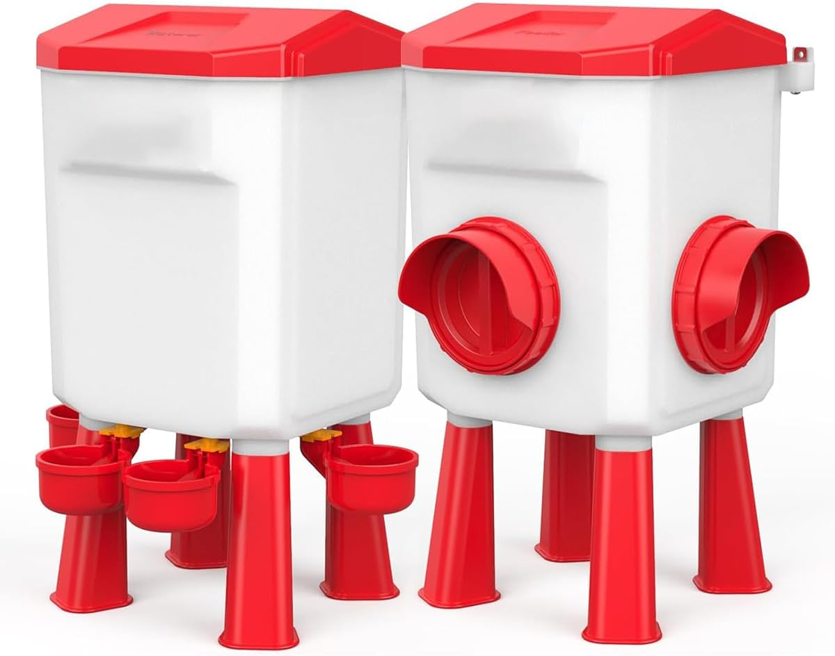 CLOUDSEASON Large Capacity Chicken Feeder and Waterer Set 12KG Auto Chicken Feeders and 11L Poultry Waterers Outdoor Chicken Water Feeder with Detachable Legs & Rain Hood (Green-12Kg+11L Set)