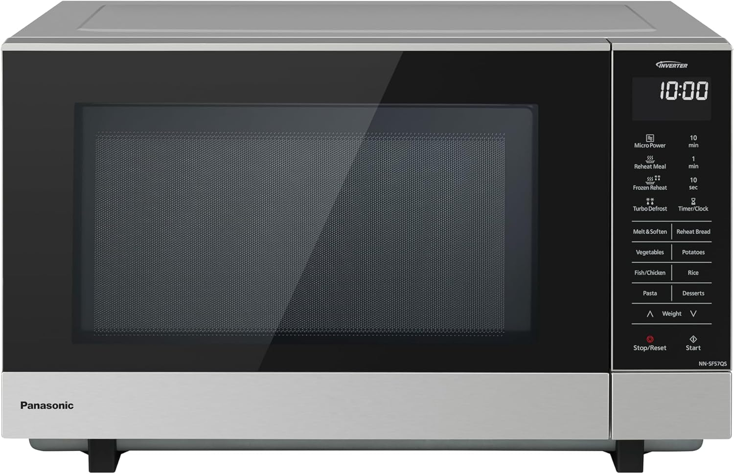 Panasonic 27L 1000W Inverter Flatbed Microwave, 17 Pre-Programmed Menus, 6 Power Levels, Touch Pad Control, Stainless Steel, Silver (NN-SF57QSQPQ)