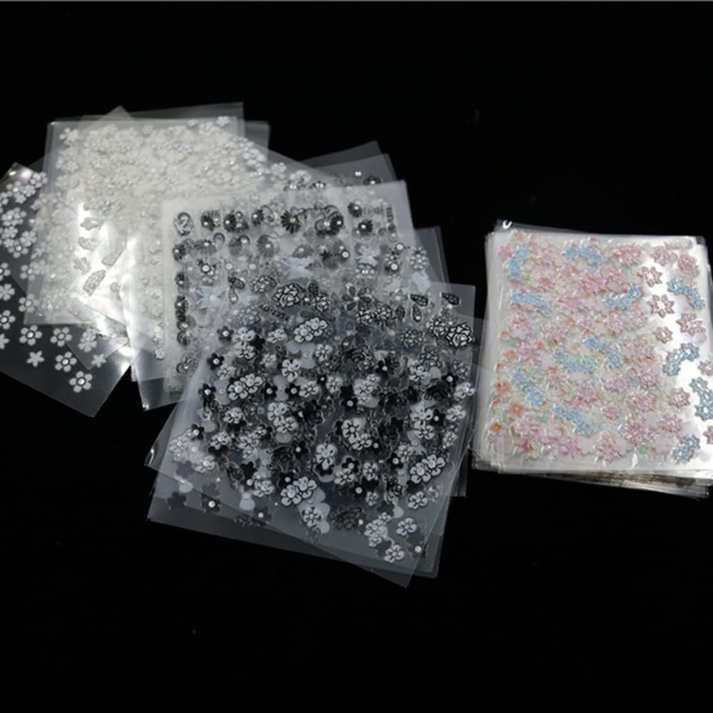 WOKOTO 90Pcs Self-Adhesive 3D Design Nail Art Sticker Colorful White Black Flower Fingernail Decals Nail Art Decoration Decals with 1 Pcs Anti-Static Tweezers image number 3