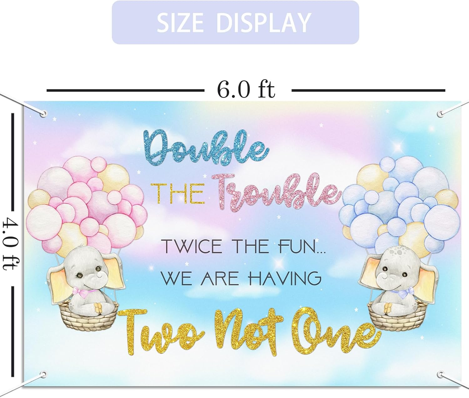 Talorine Twins Baby Shower Decorations Backdrop 6X4Ft Elephant Pink Blue Gender Reveal Party Decorations for Twins Double the Trouble Twice the Fun We Are Having Two Not One Party Supplies