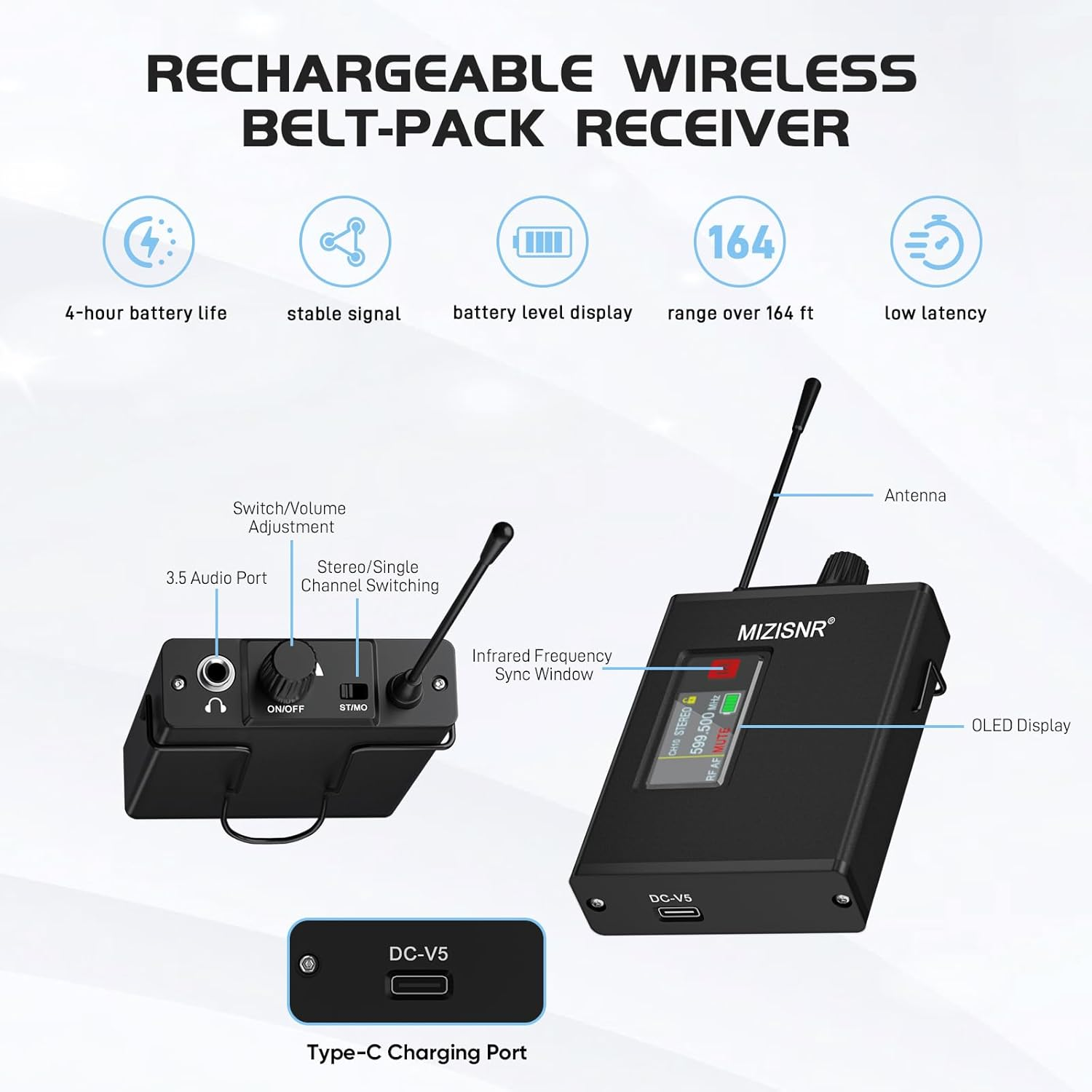 MIZISNR Wireless in Ear Monitor System, Pro UHF Mono Stereo IEM System with Metal Transmitter, 1 Bodypack Receivers W/Monitor Earphones image number 3