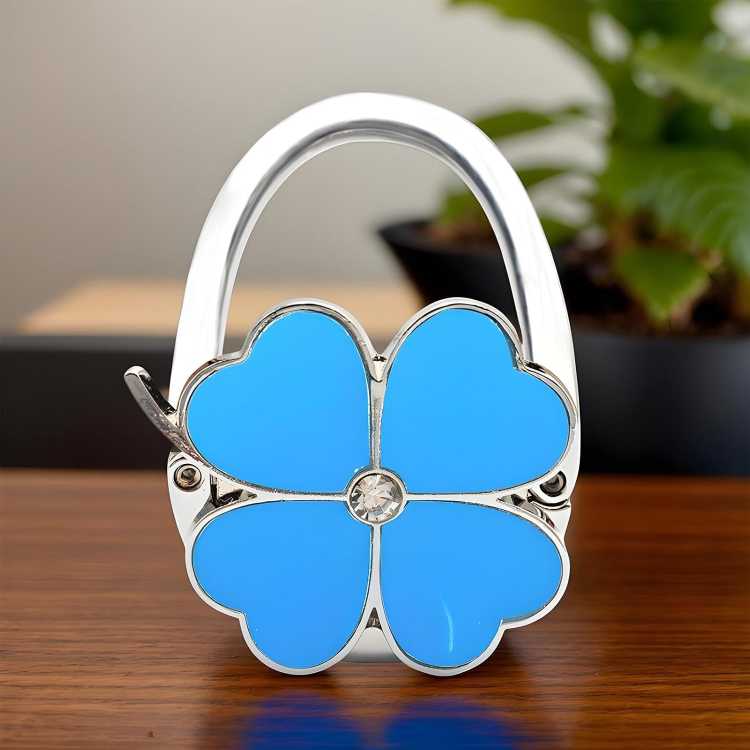 Purse Hook for Table, Folding Wallet Hook | Four Purse Clips Designed in Clover - Pocket Holder, Handbag Organizers, Desk Bag Hanger for Office - Blue image number 4