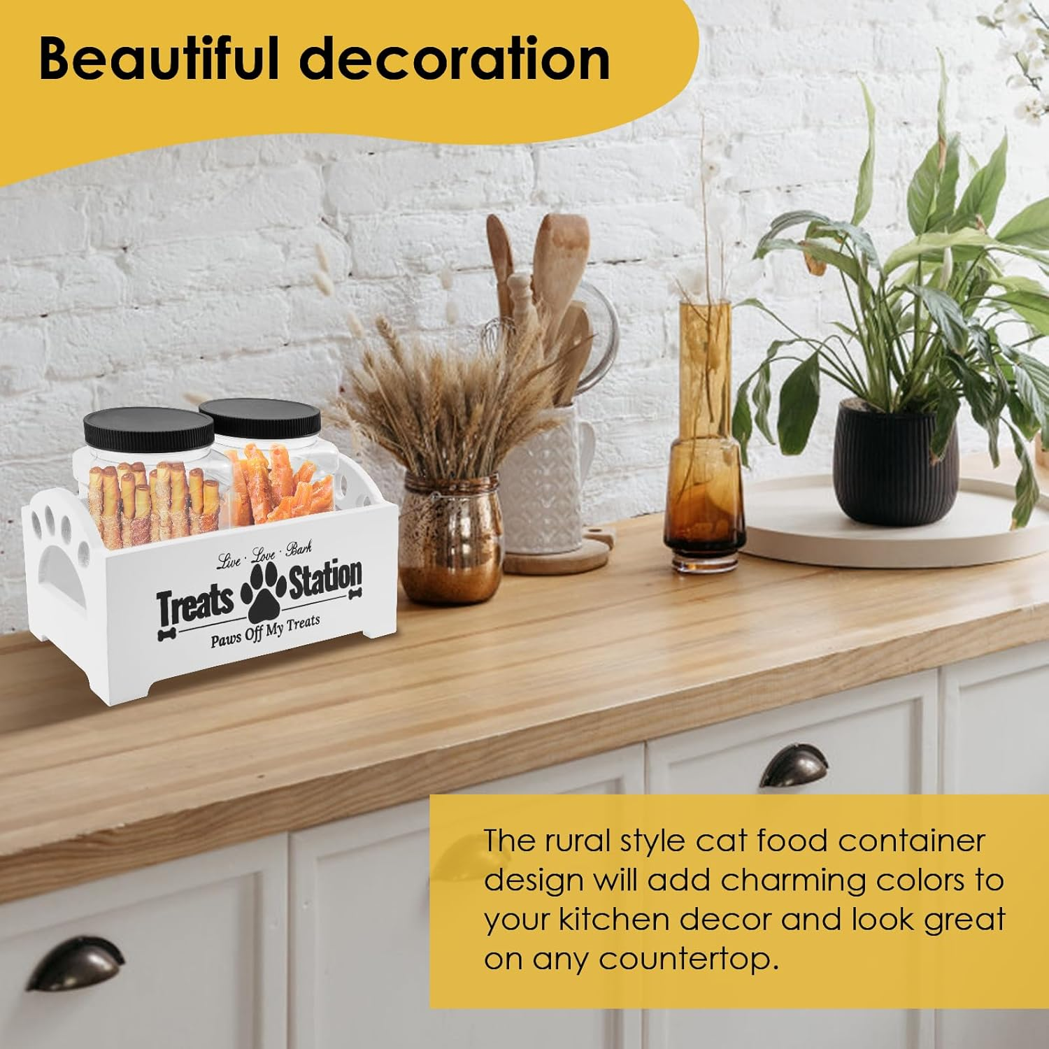 Dog Treat Container,Dog Food Storage Wood with 2 Plastic Jars,Dog Cookie Jar for Dog Food Storage for Pet Owners and Lovers (White) - Black image number 4