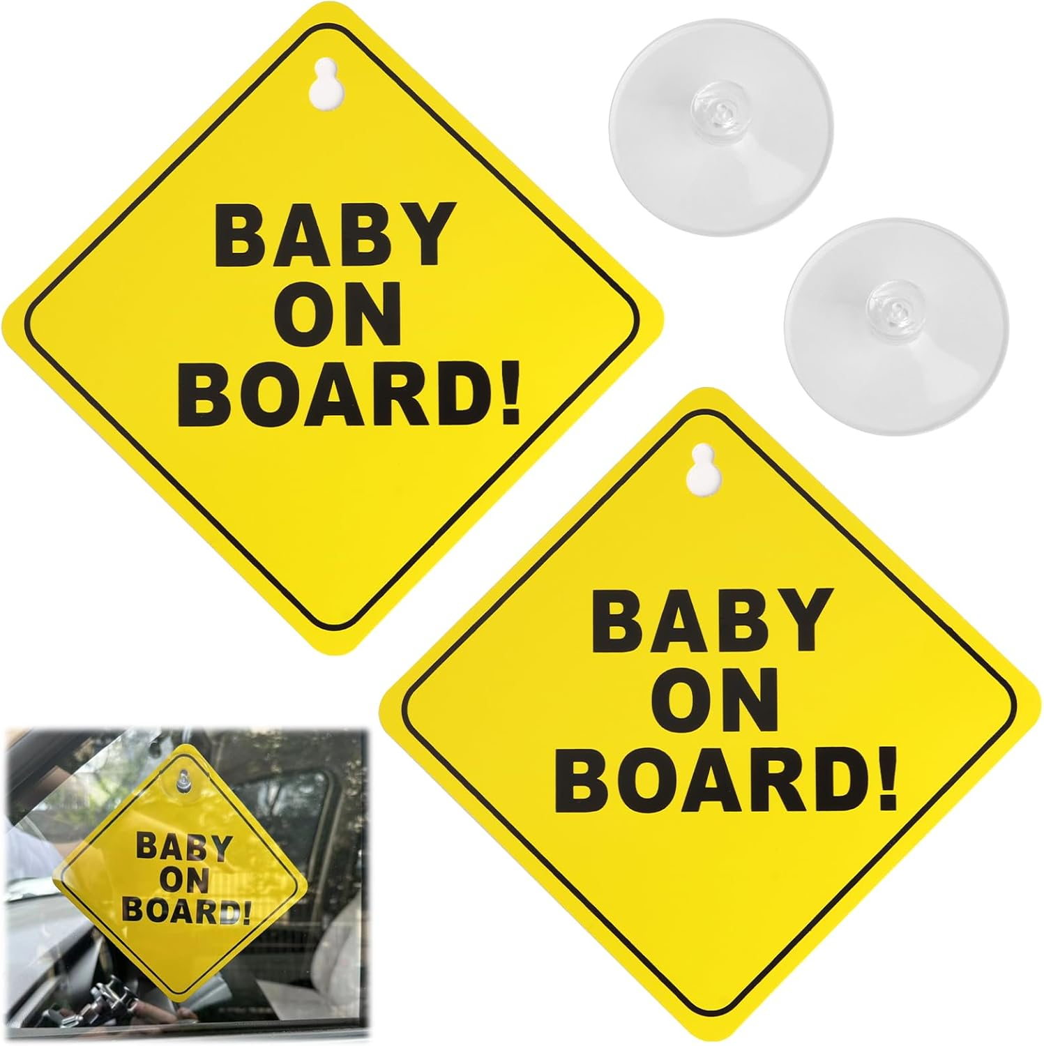 Baby on Board Car Stickers - 2Pc Reusable Safety Decals with Strong Suction Cups - 5"X5" High-Visibility Car Signs - Weatherproof & Removable for Child Safety (Yellow) image number 2