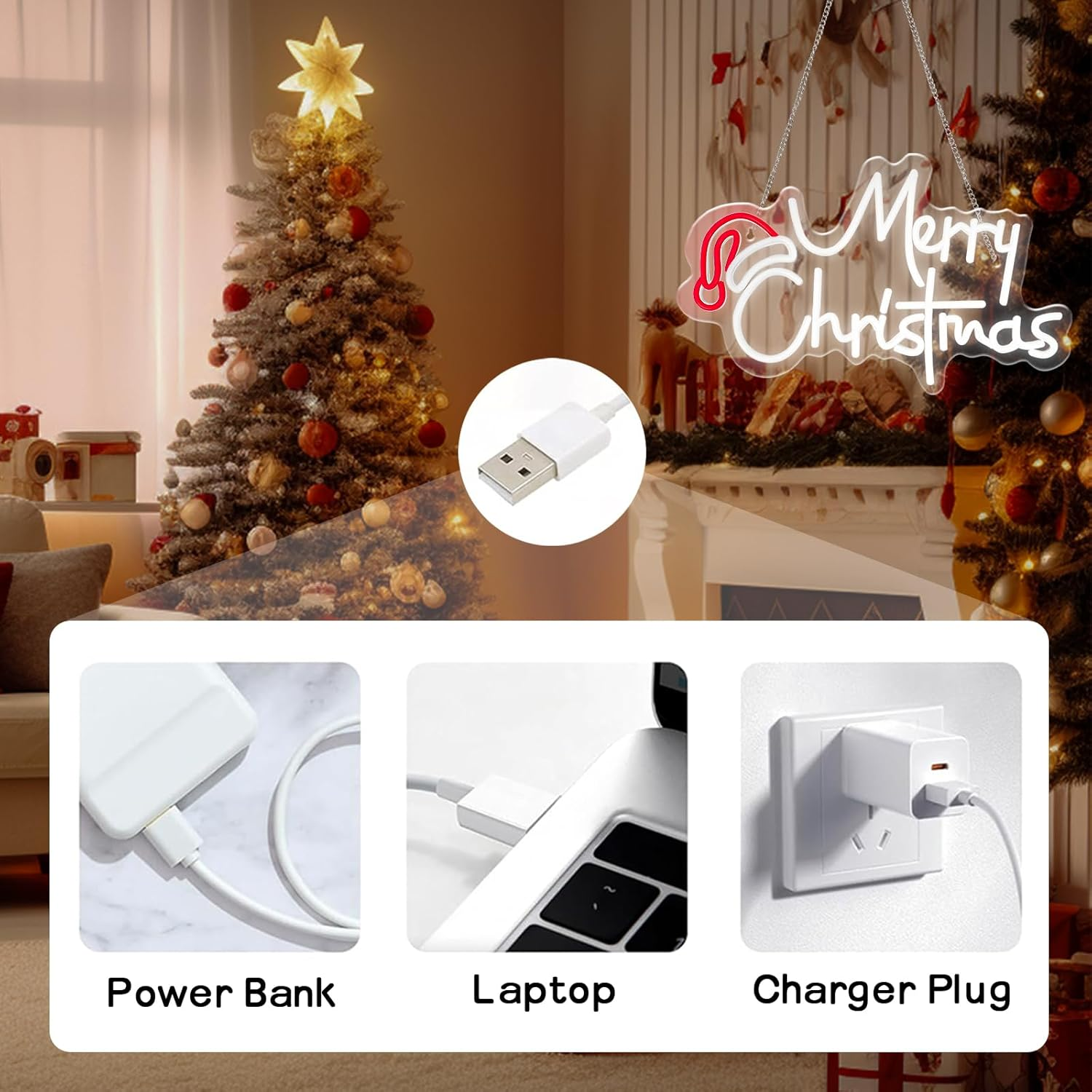 TRIXES Neon Merry Christmas LED Light up Sign - Large 41Cm Indoor Wall Decoration - Festive Hanging D&eacute;cor USB Powered image number 3