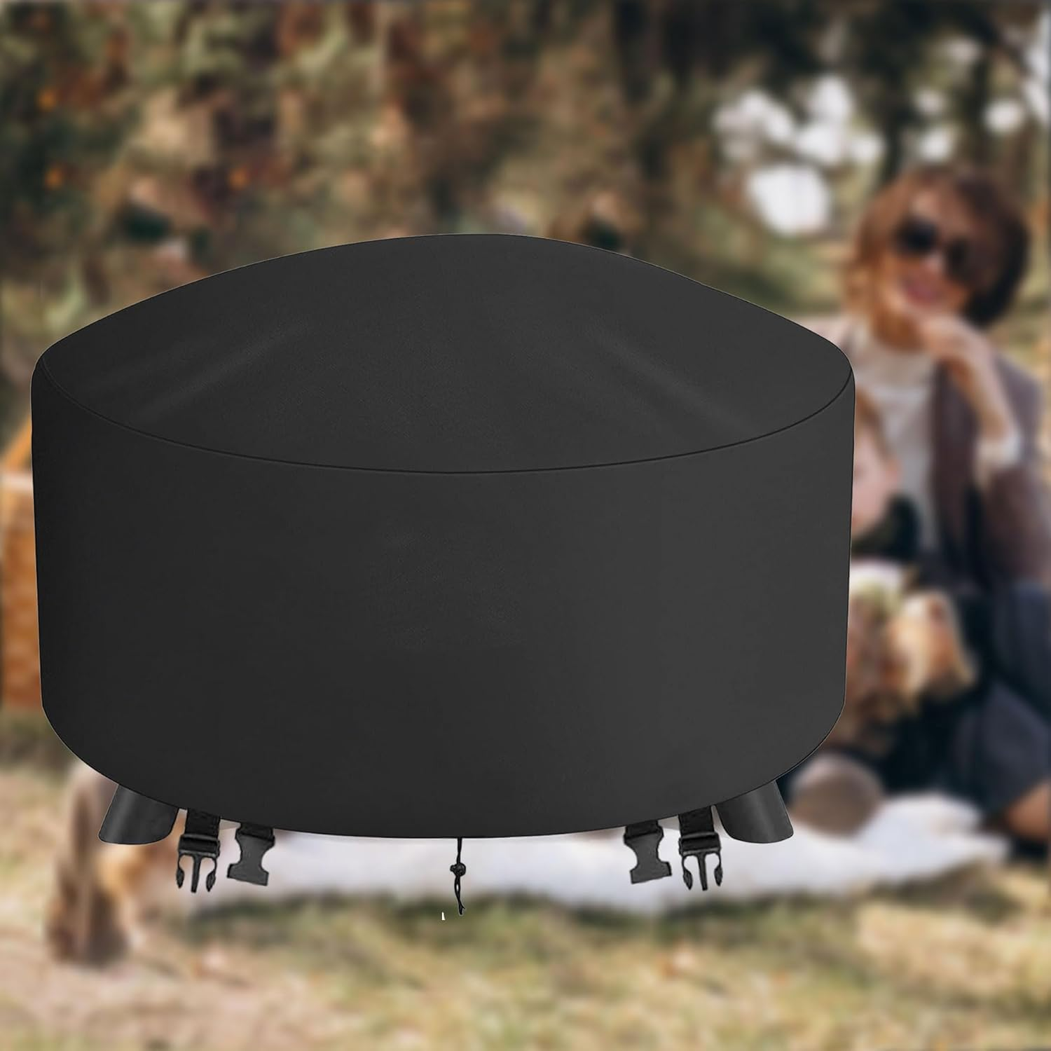 Fire Pit Cover round 101CM BBQ Cover Outdoor Waterproof Firepit Cover Patio Fire Table Cover Outdoor 40 Inch round Fire Bowl Cover for Garden, Lawn, Heavy Duty 600D - 101X101X50Cm image number 2