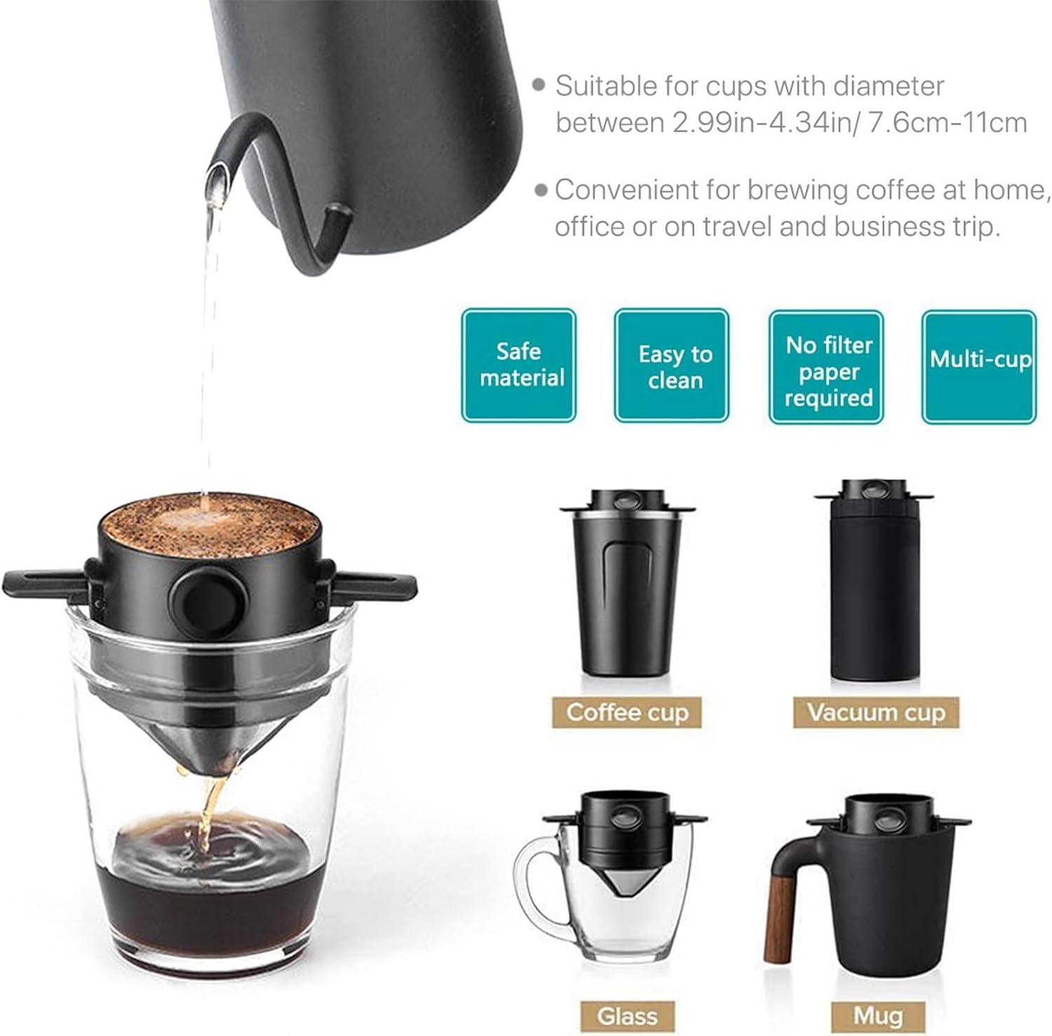 VANANA Reusable Pour over Coffee Maker, Stainless Steel Cone Coffee Dripper Filter 1-2 Cup, Paperless with Collapsible Holders for Home Office Travel Camping image number 2