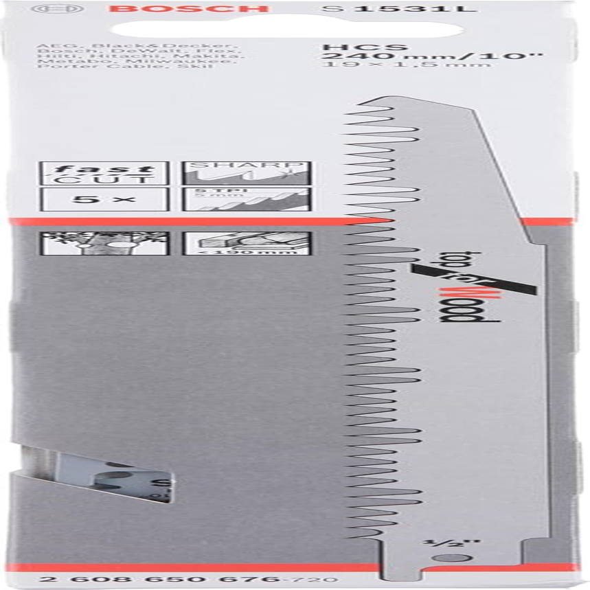 Bosch Professional 2608650676 5 Pieces Sabre Saw Blade S 1531 L Top for Wood (For Wood, 240 X 19 X 1.5 Mm, Sabre Saw Accessories), Blue image number 1