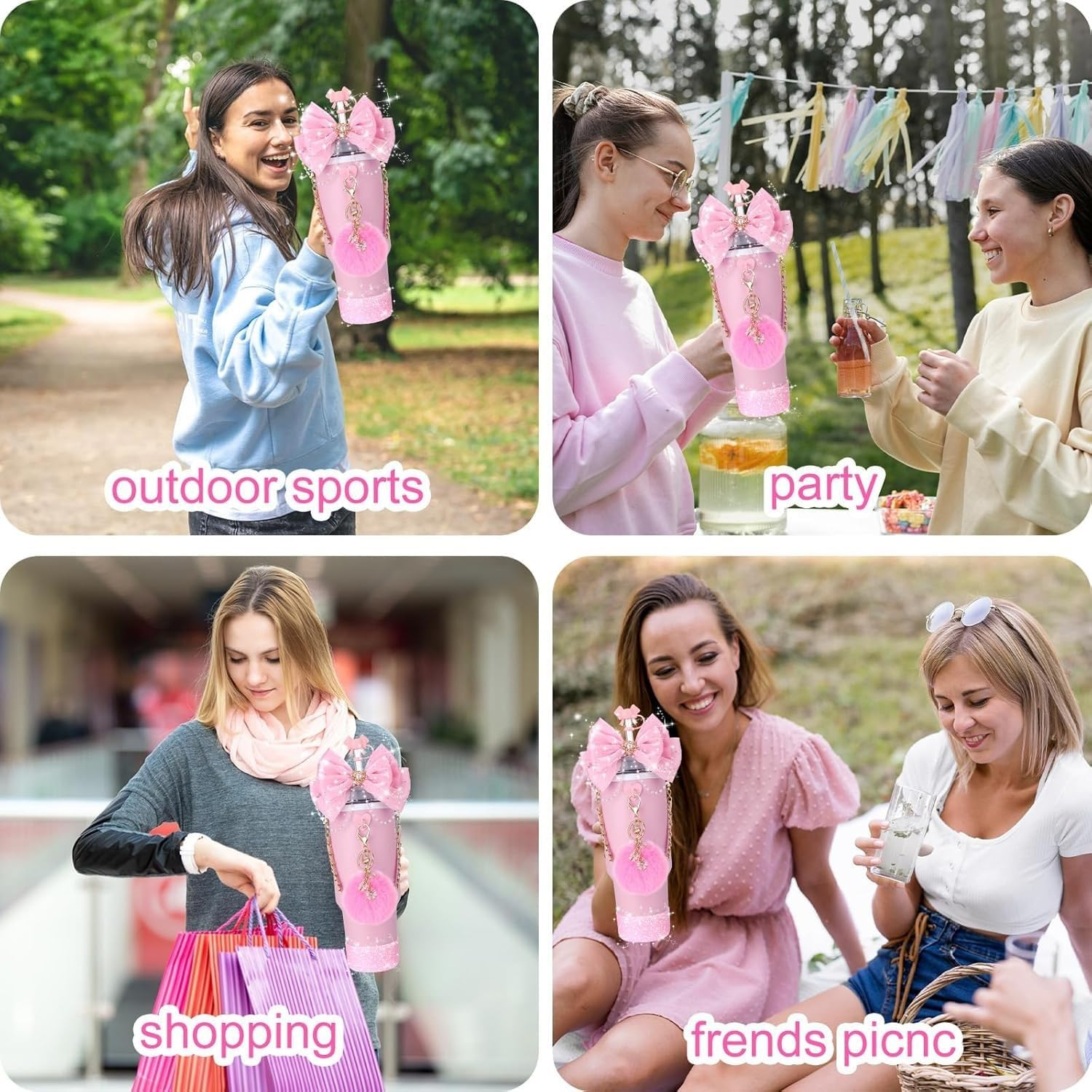 Bling Cup Accessories for Stanley Cup - Fits 20Oz, 30Oz & 40Oz Tumblers with Handle, Includes Bow Straw Topper, Decorative Straw Bow, Leather Handle Strap & Boot (Pink) - Pink image number 4