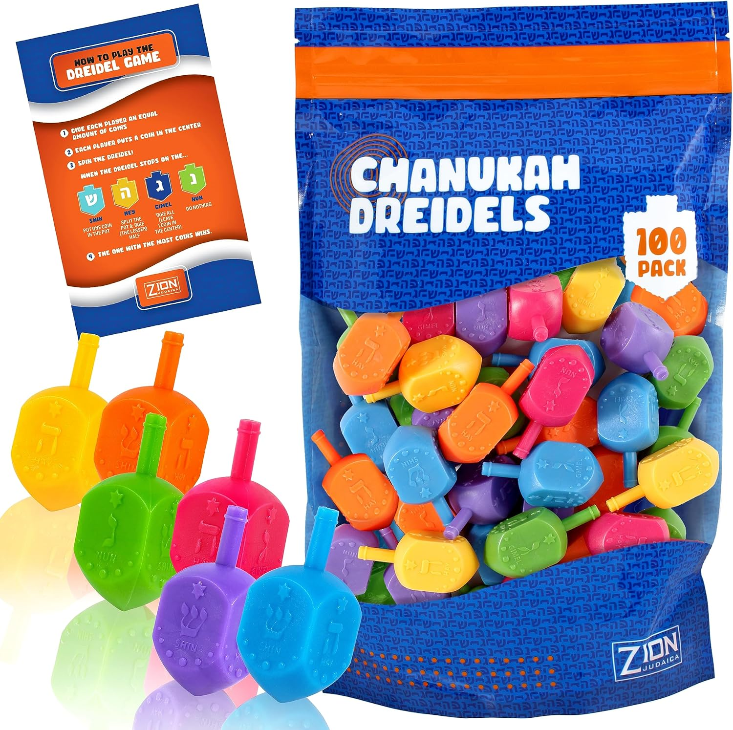 Zion Judaica 100 Medium Plastic Hanukkah Dreidels with English Transliteration - Ziplock Bag image number 2