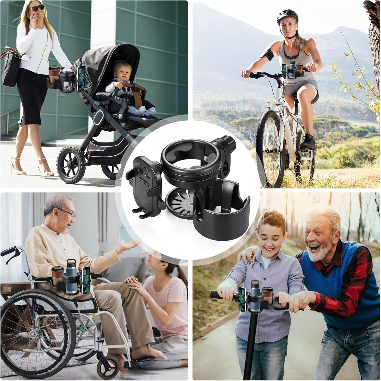 Stroller Cup Holder with Phone Holder, Universal 360 Degree Rotation Pram Drink Holder, 3-In-1 Strollers Storage Rack for Pushchair, Wheelchair, Bike, Wheelchair, Walker, Fits Most Cups (Black) image number 3