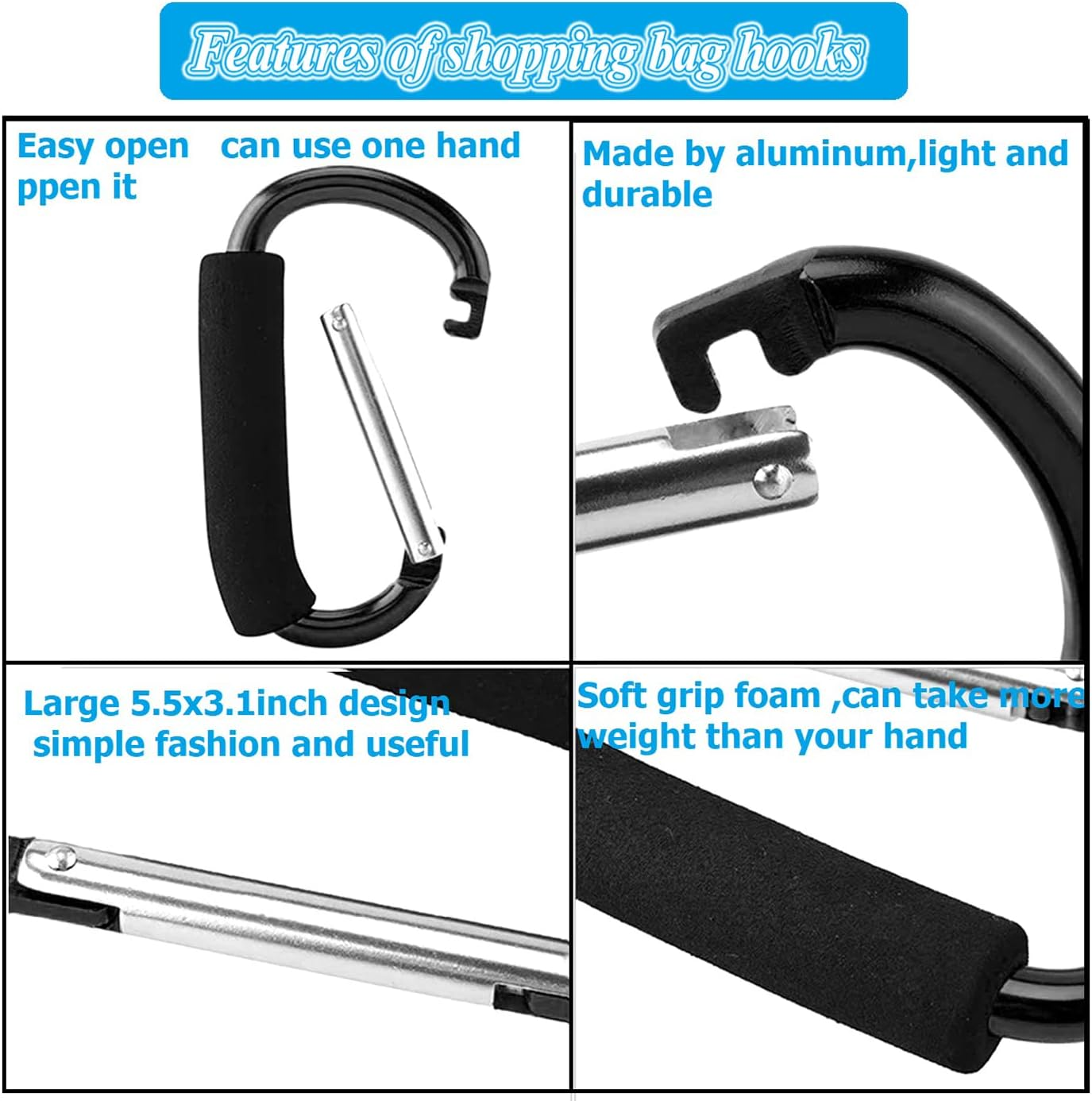 Stroller Hooks by Baby,Large Stroller Hooks for Mommy, 2 Pcs Carabiner Stroller Hook Organizer for Hanging Purses, Diaper Bag, Shopping Bags. (Purple) - Purple image number 6