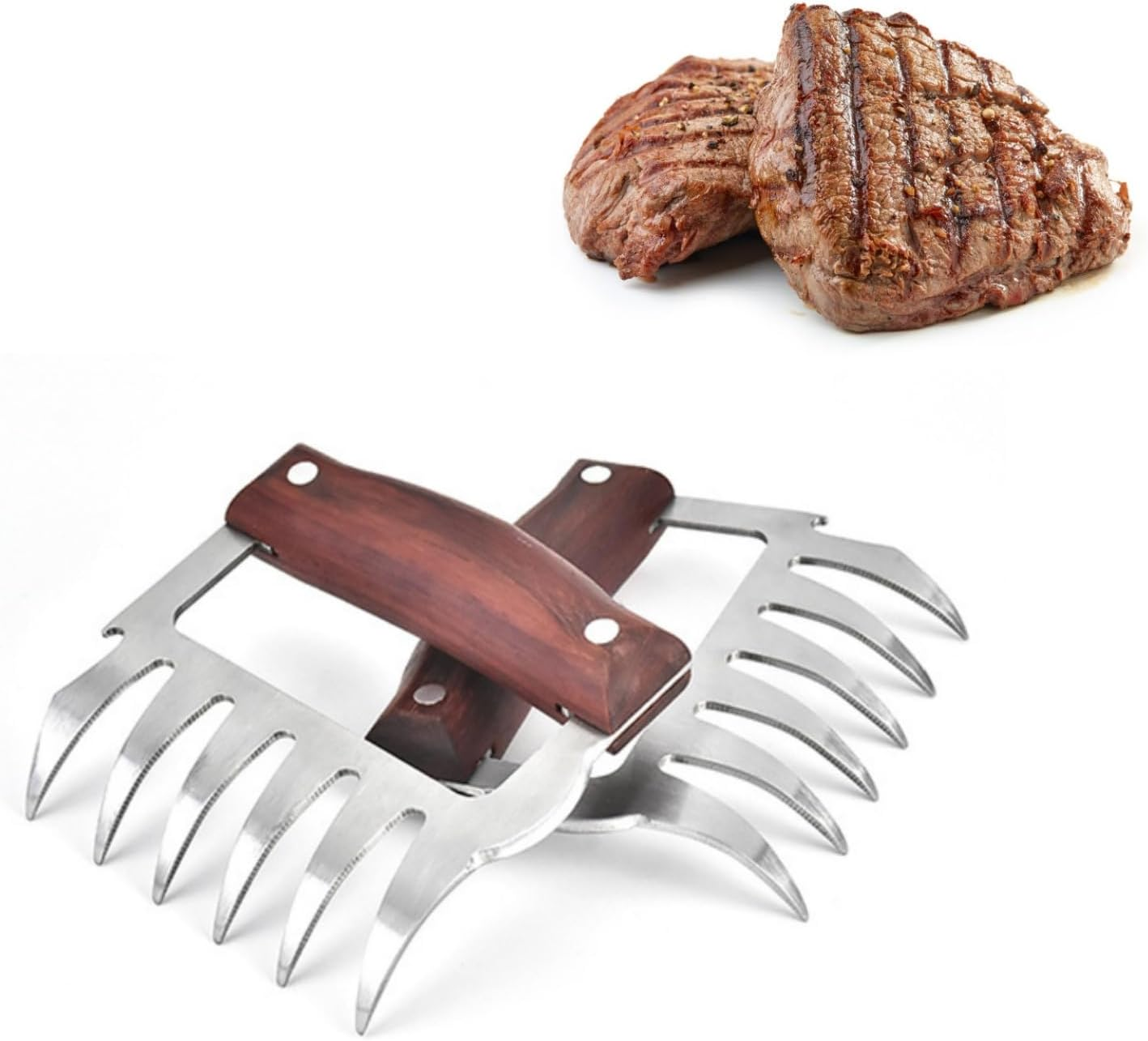2 Pcs Stainless Steel Forks with Wooden Handle，Stainless Steel Bear Claws Chicken Meat Shredder, Pork Beef Chicken Handles Metal Shredders Pulled Pork BBQ Food Claw image number 1