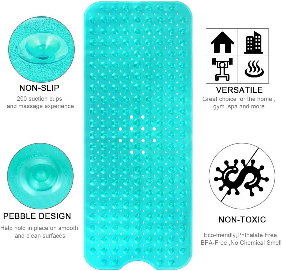 Mumoo Bear Bath Tub Mat, 40 X 16 Inches Non-Slip Shower Mats with Suction Cups and Drain Holes, Bathtub Mats Shower Stall Mats Machine Washable, Clear Green - Clear Blue image number 2