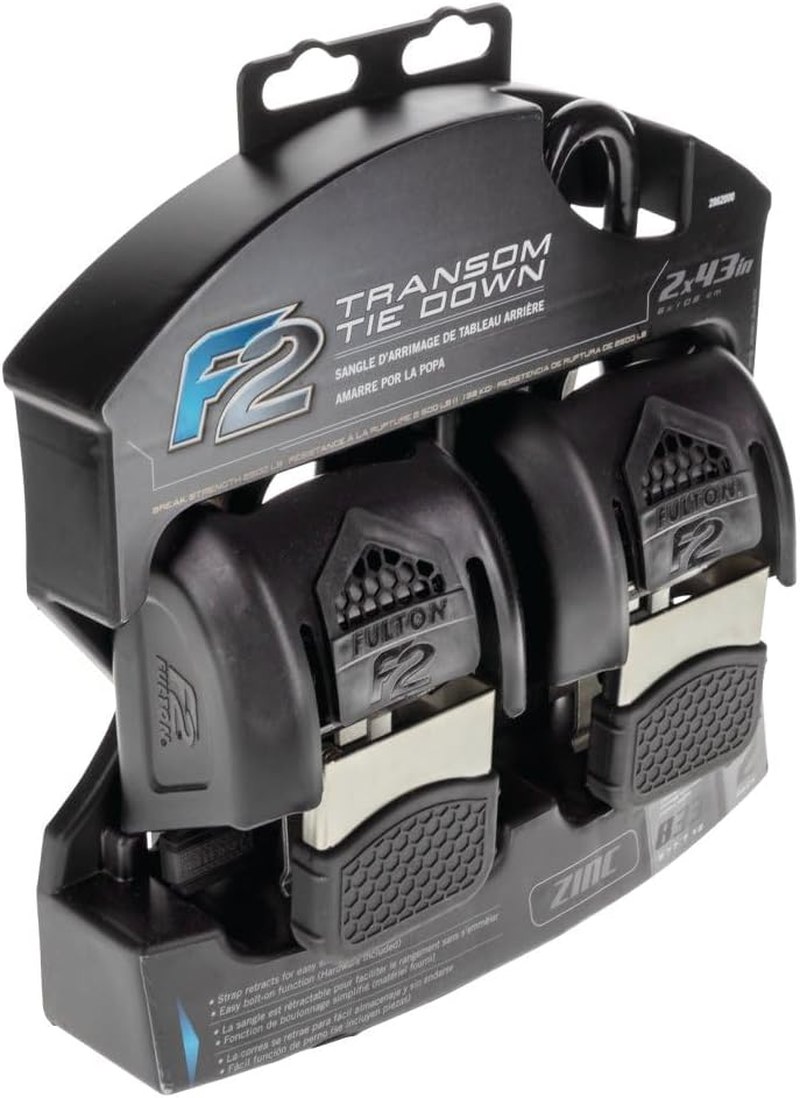Fulton 2062000 F2 Retractable Boat Transom Tie down Straps (Pair of 2), 2 X 43 Inches Ratchet Tie down Straps, 833 Lbs. Capacity, 2,500 Lbs. Break Strength
