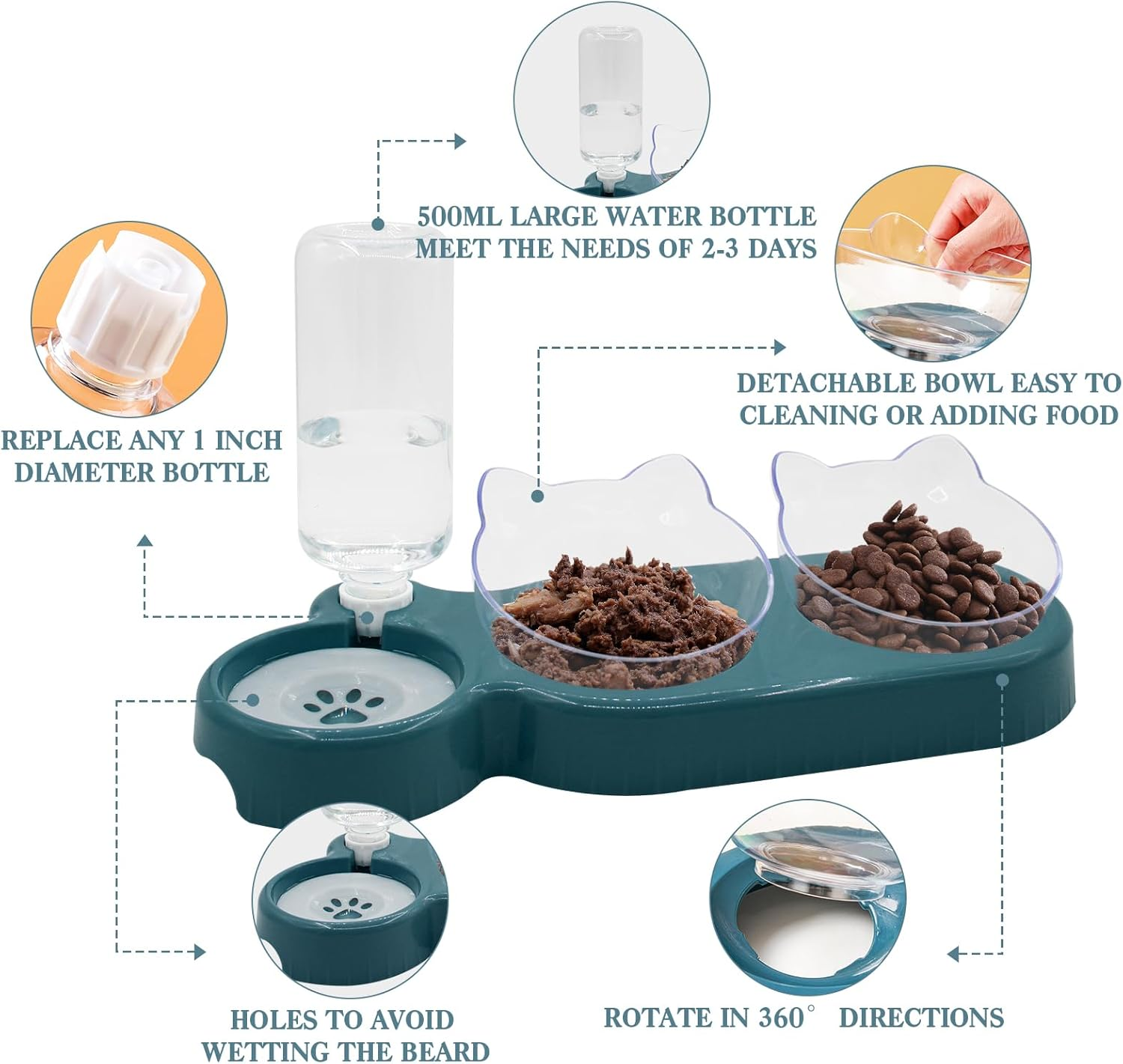 Triple Cat Bowls, 15&deg; Tilt 3-In-1 Water Feeder with Automatic Bottle, Whisker Friendly Wet and Dry Elevated Feeding Dishes for Small Cats and Puppies (Navy Blue) - Navy Blue image number 6