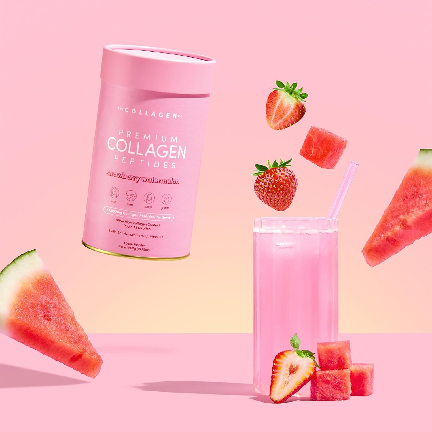 The Collagen Co. Premium Collagen Powder with Vitamin C and Biotin - Nurtures Healthy Hair, Glow Skin, Fortifies Joints, and Bones - Strawberry Watermelon Collagen in a 28-Serve Loose Powder (560G) image number 2