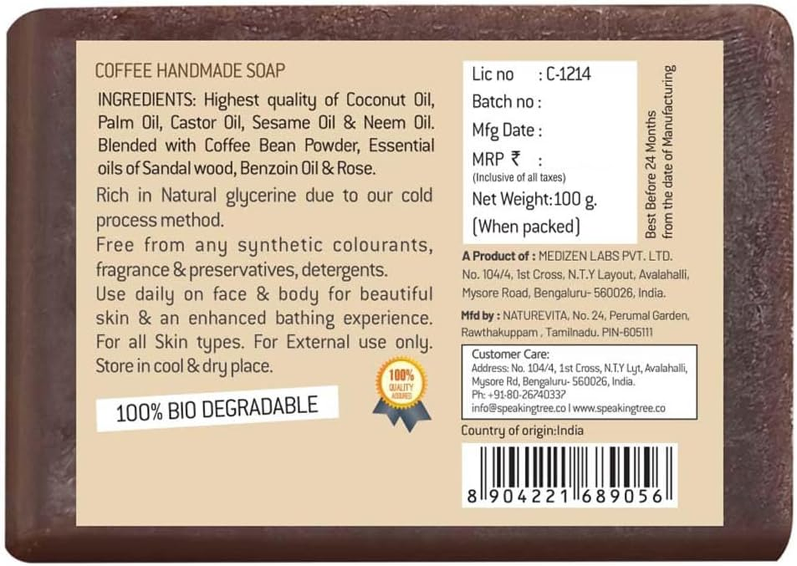 Speaking Tree - Exfoliating Coffee Handmade Soap 100Gms (Pack of 2) | Specially Formulated and Cold Processed - All Natural Ingredients for Perfectly Clean Skin - Handmade with Love