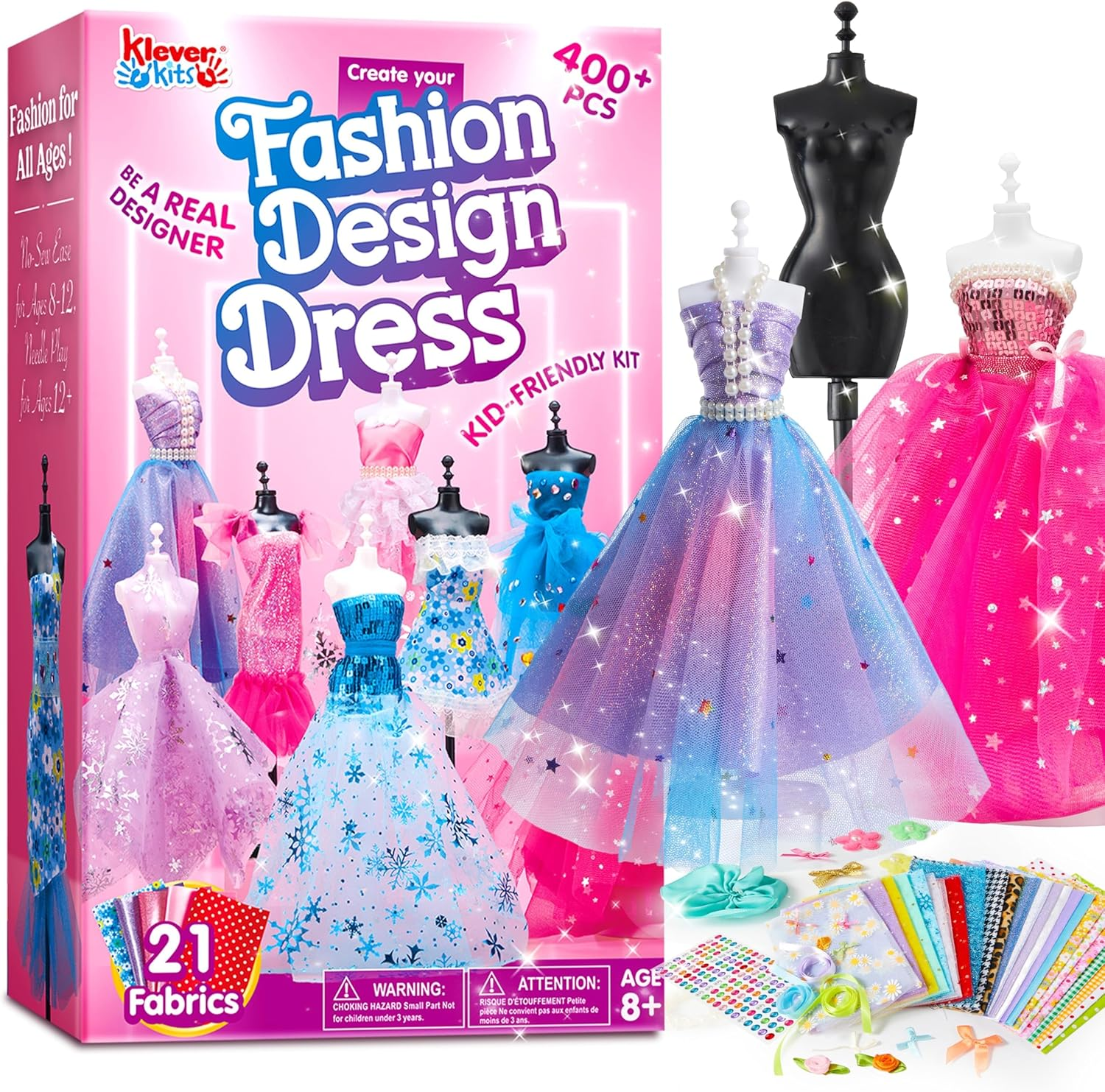 Klever Kits 400+PCS Fashion Design Crafts for Kids, Art and Crafts, DIY Sewing Kits with 3 Mannequins for Girls Aged 8-12, Birthday Presents, Toys for Kids image number 1