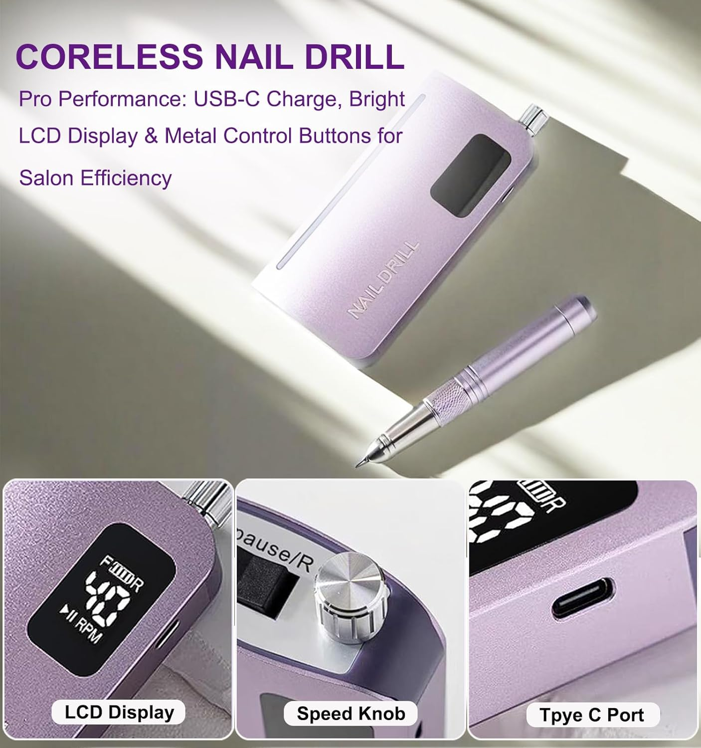 Professional Coreless Electric Nail Drill, 45000 RPM Portable Alloy Nail File Machine Rechargeable for Nail Salon,Midicure,Pedicure (Purple) image number 2