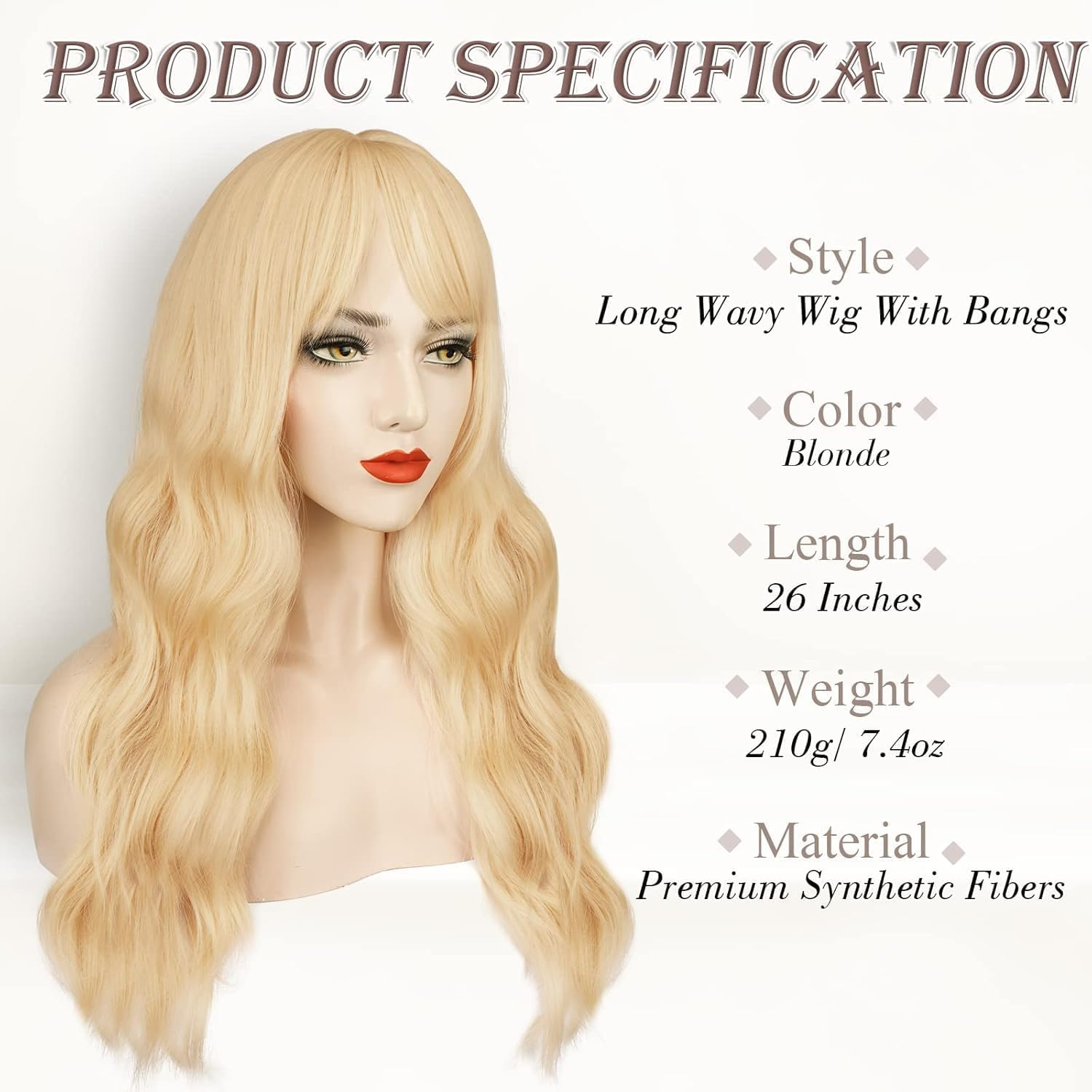 QAUARUMSUN Long Blonde Wig with Bangs 26 Inch Long Curly Wavy Wigs for Women Synthetic Blonde Hair Wigs Natural Looking Daily Cosplay Party Halloween（Wavy） image number 5