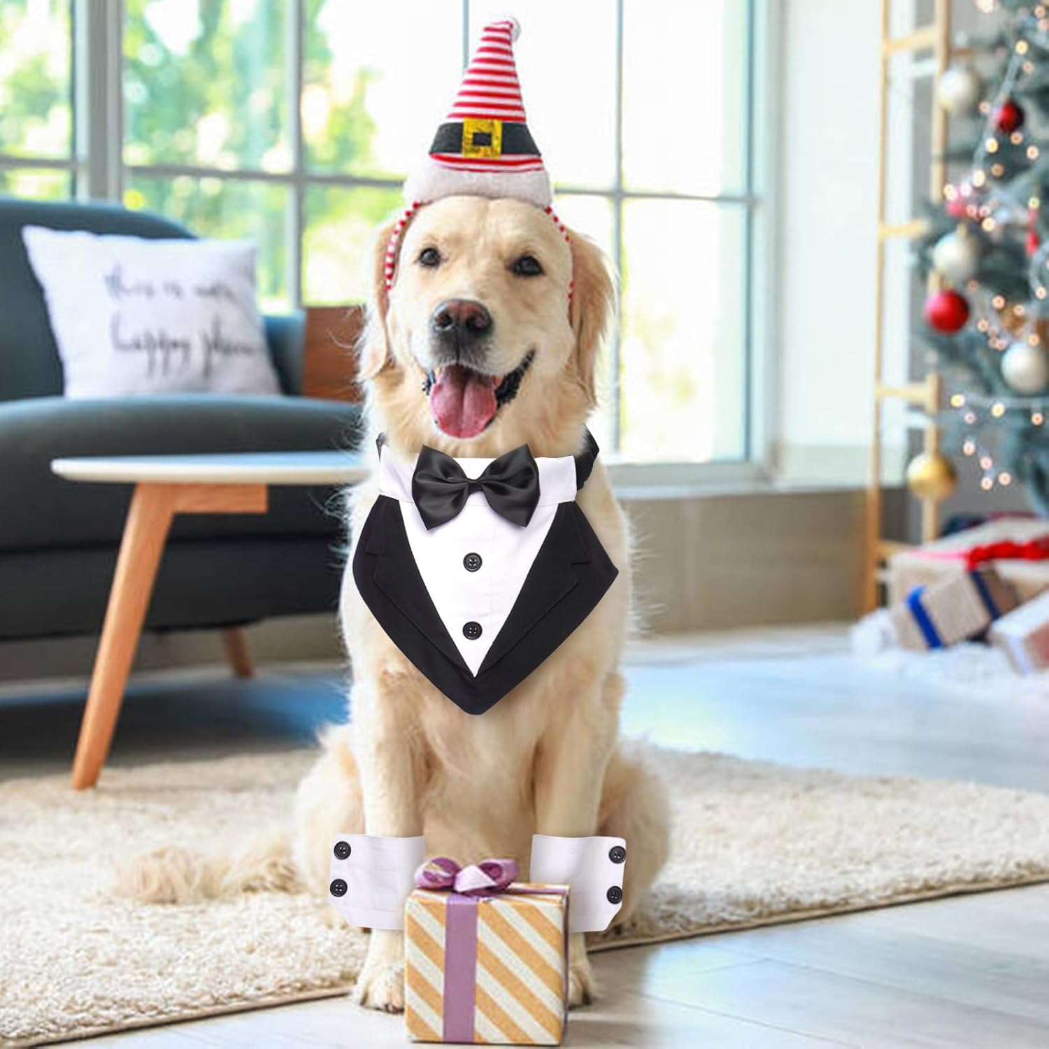 Lelepet Dog Tuxedo with Cuffs Dog Weeding Bandana Collar with Bowtie Adjustable Dog Tux with D-Ring Puppy Birthday Outfit Party Engagement Costume for Small Medium Large Dogs image number 1